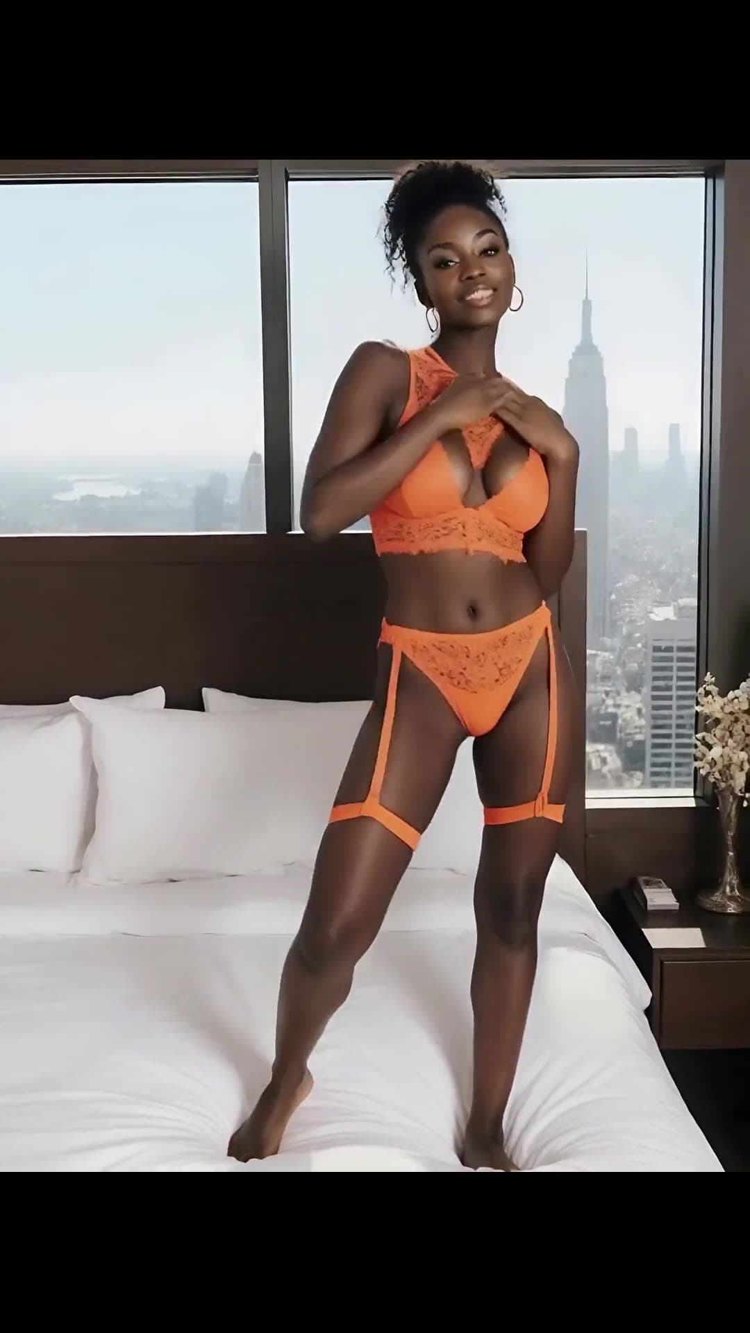 Curvy athletic woman lingerie pose full body bedroom