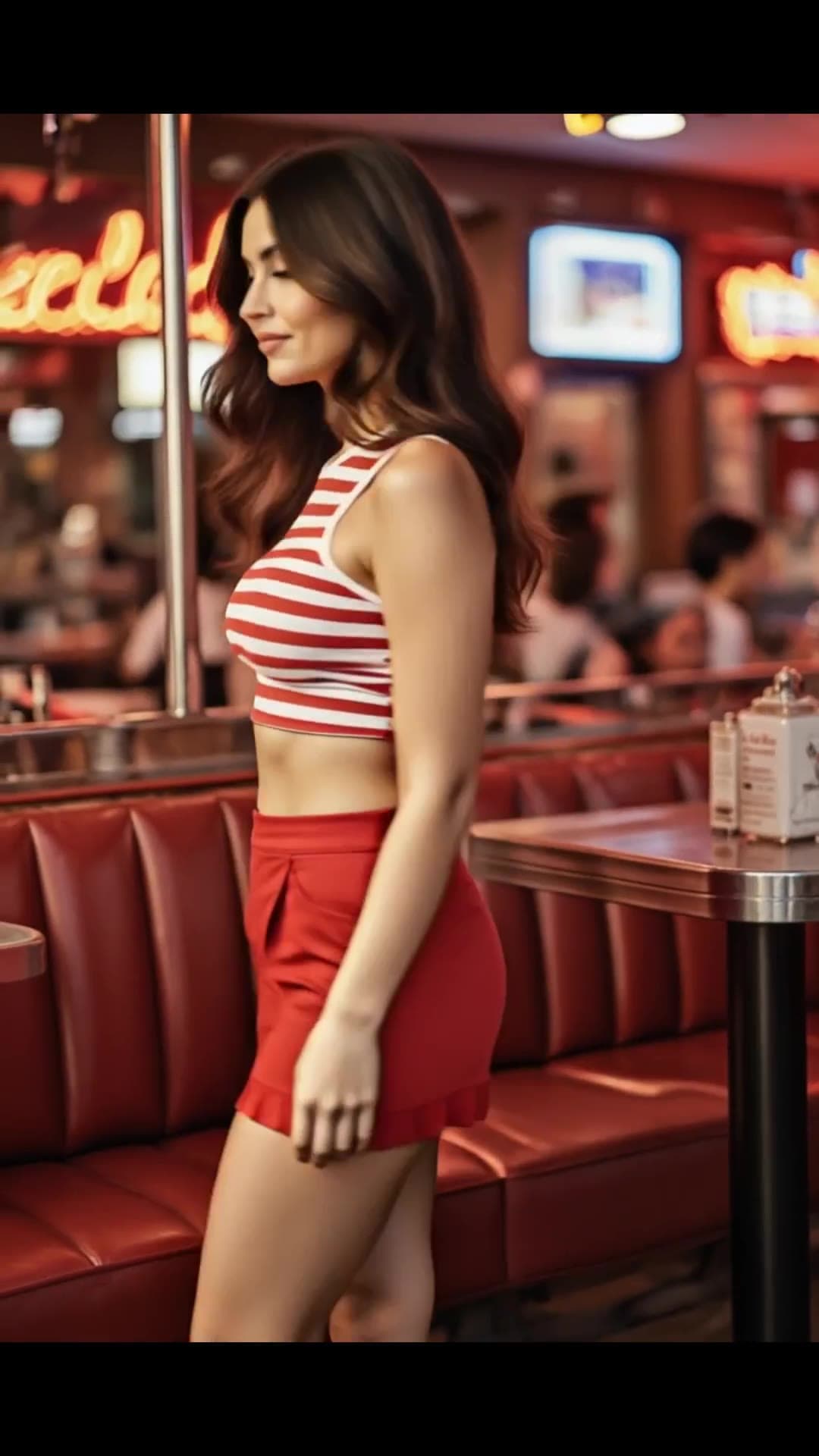 Athletic brunette in red diner uniform standing profile