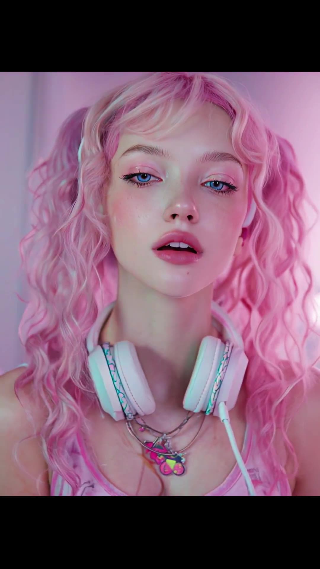 Pigtail pink hair babe in tank top close-up