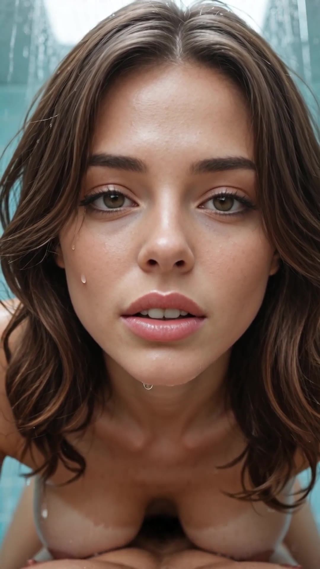 Topless in shower titfuck on turquoise tiles