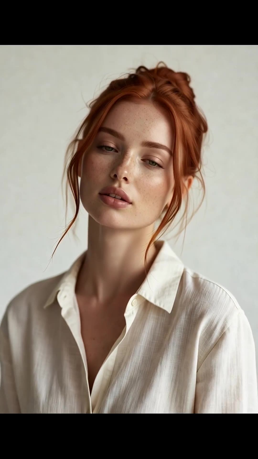 Redhead in open white shirt close-up