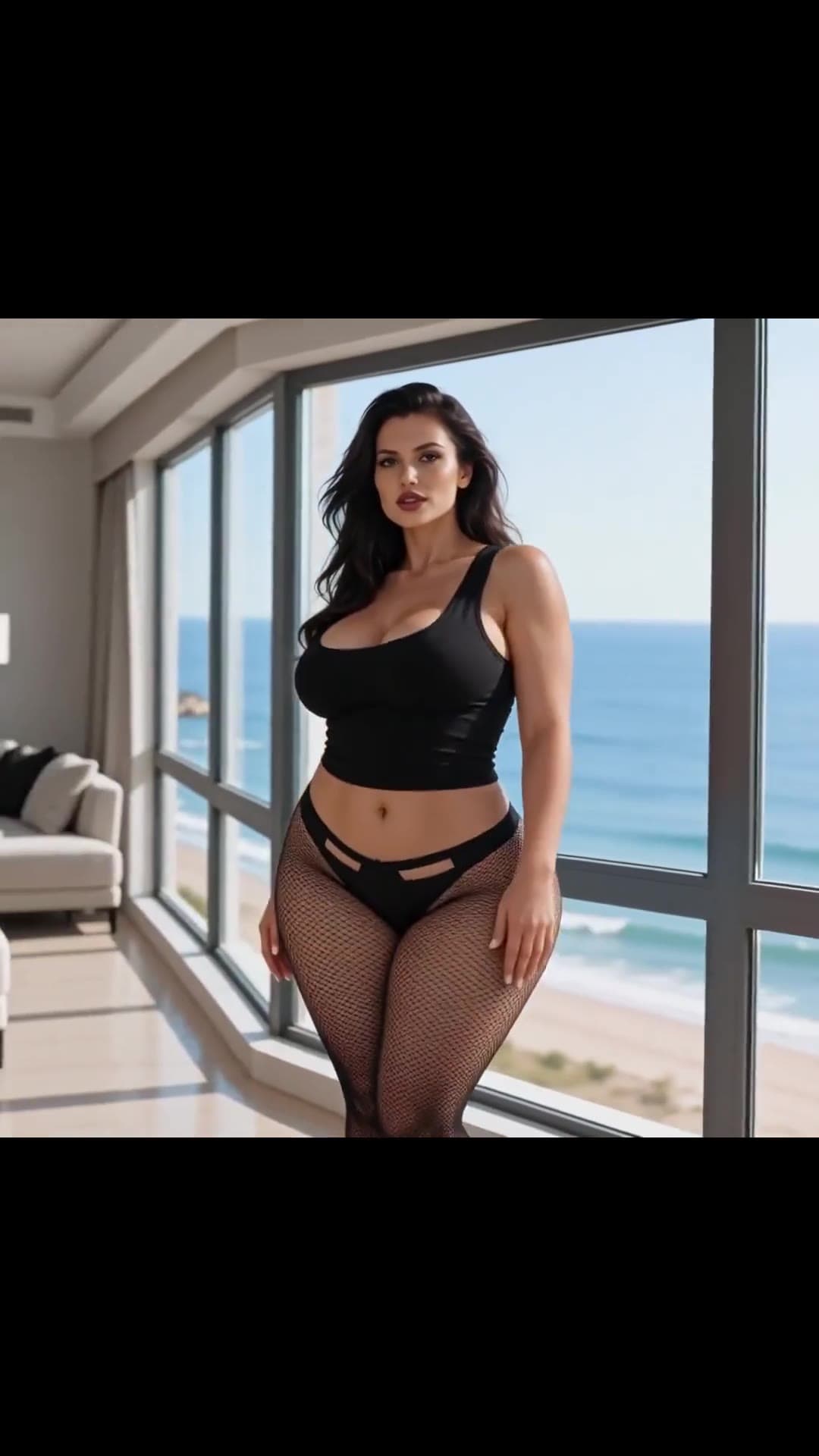 Curvy brunette in fishnets by ocean windows