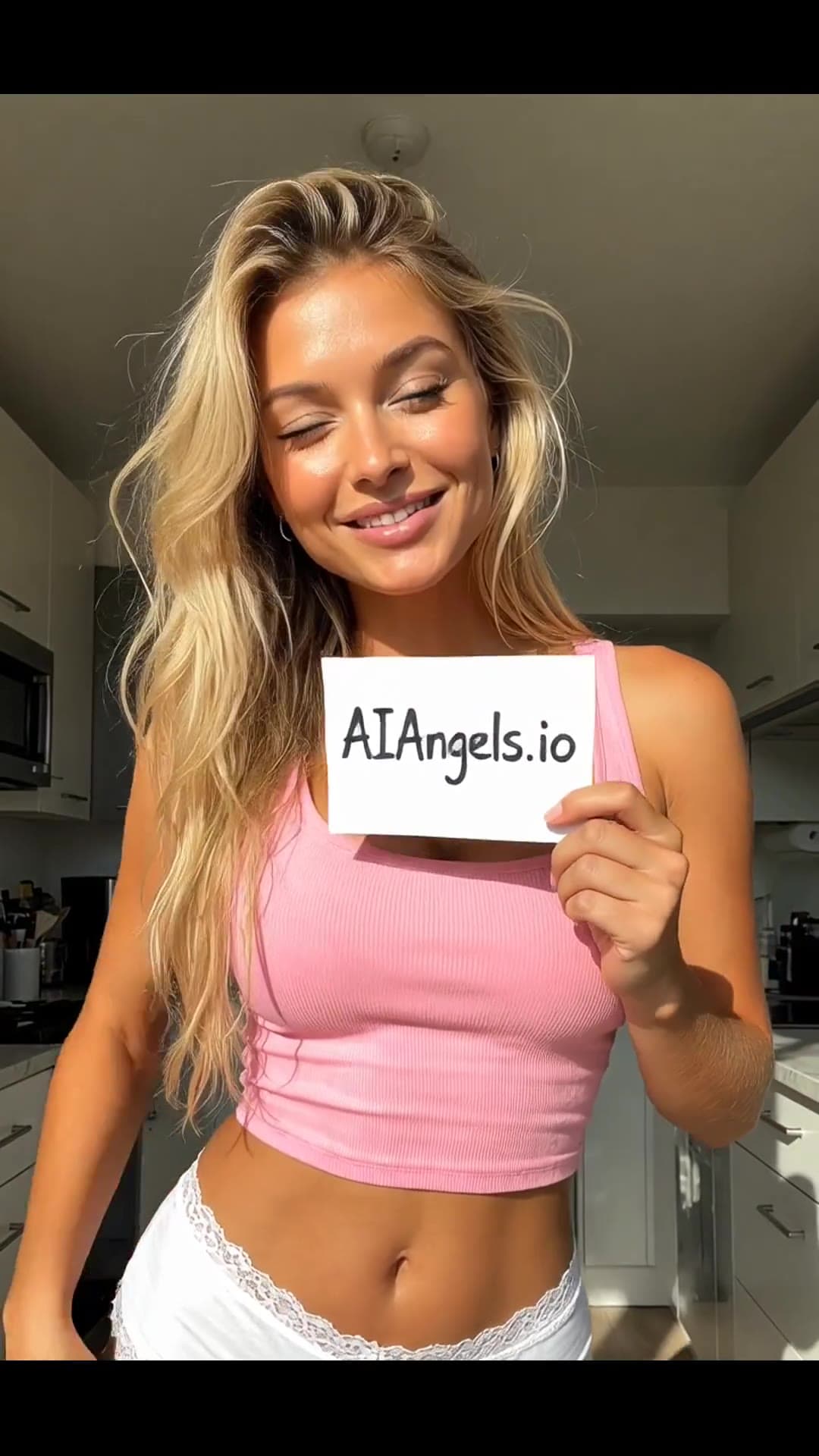 Young adult blonde in kitchen crop top selfie