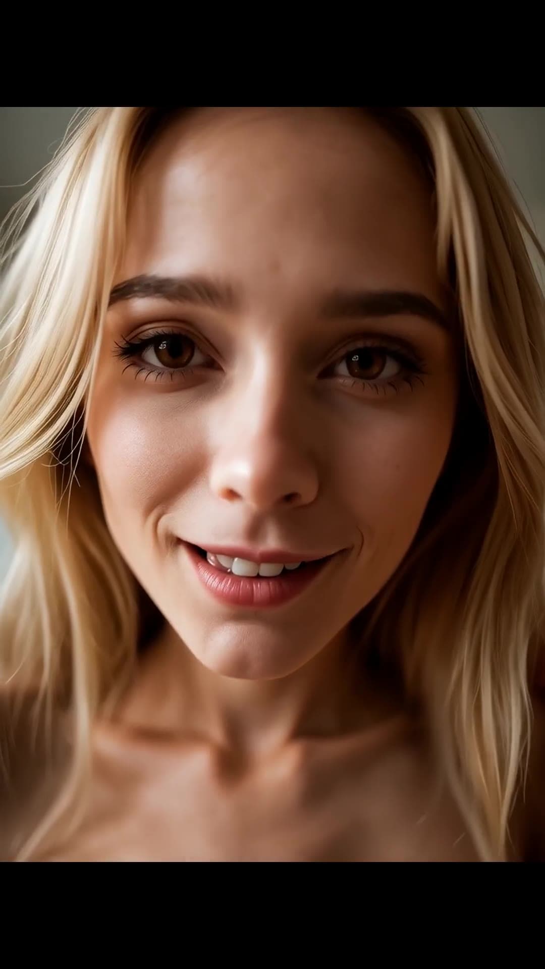 Long straight blonde hair, brown eyes topless close up
