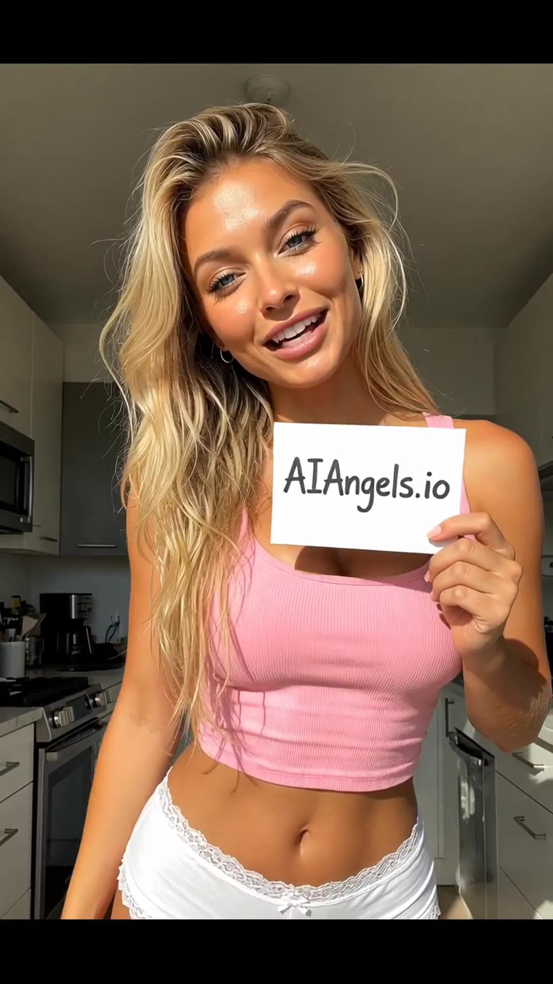 Slim brunette shows cleavage in pink crop top kitchen