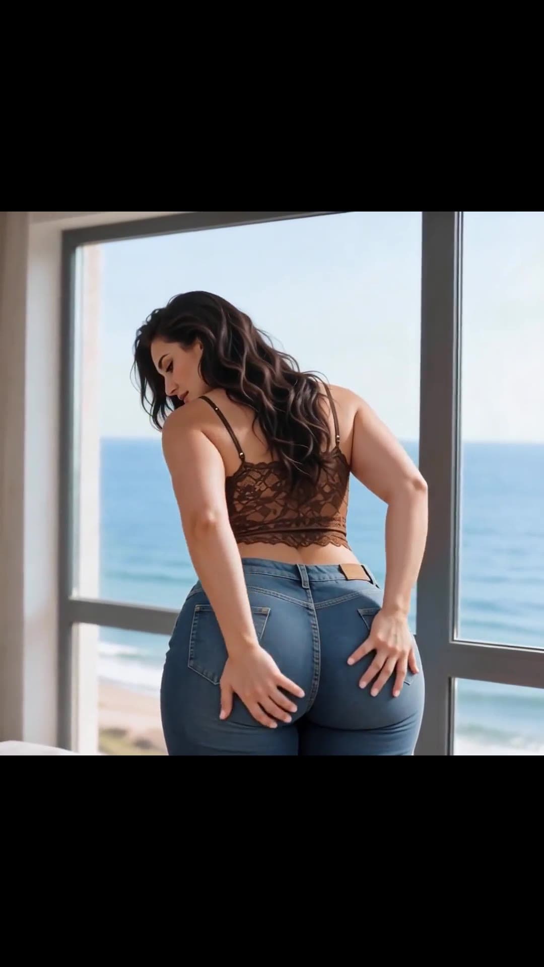 Young adult brunette thick hips jeans lace crop ocean view