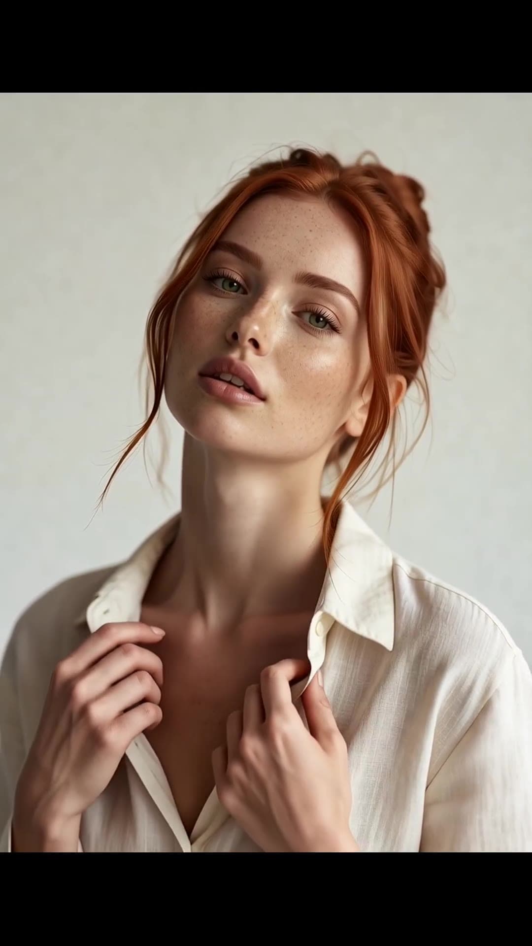 Brunette close-up cleavage in open linen shirt