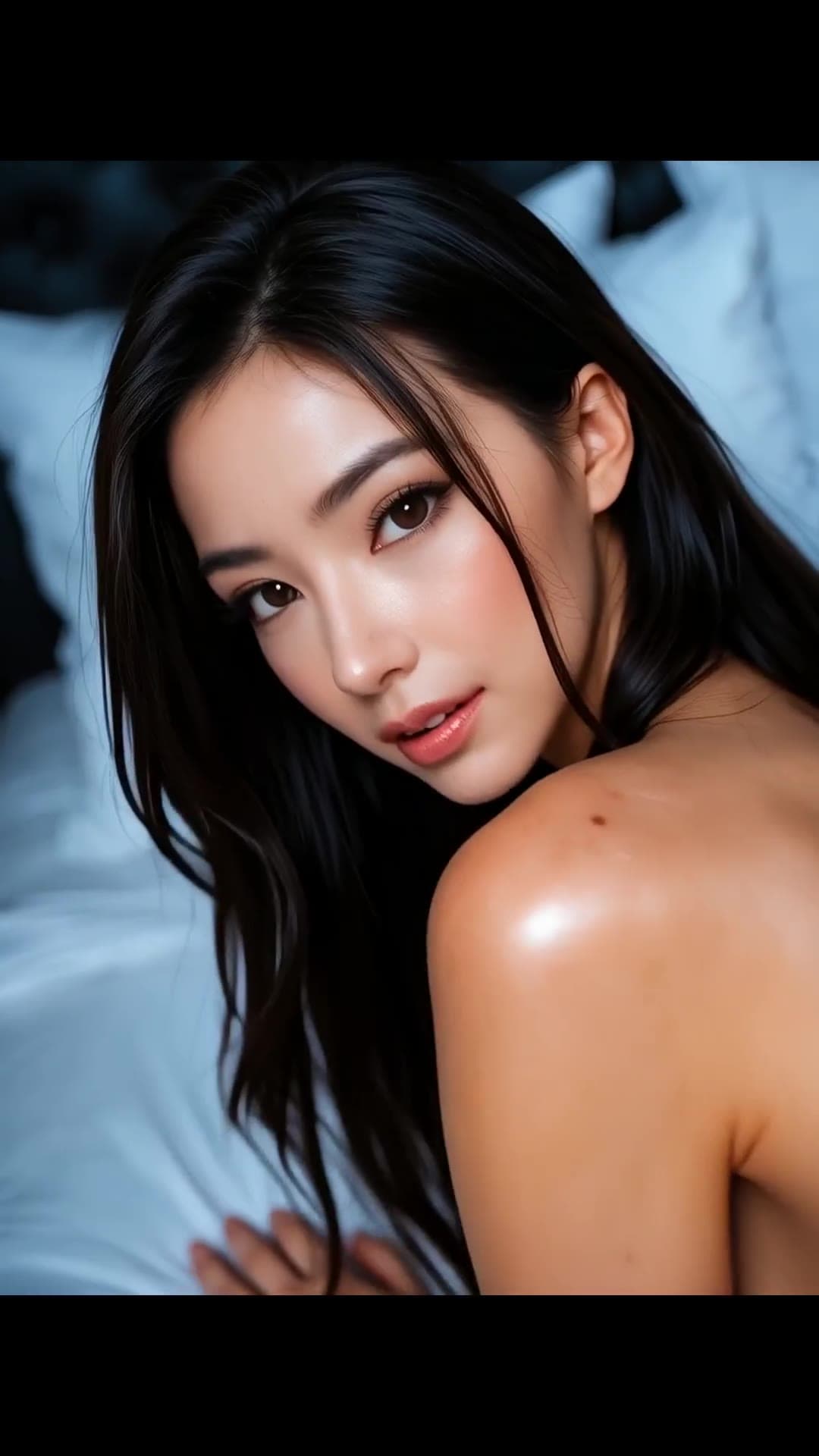 Long straight black hair, brown eyes topless on bed