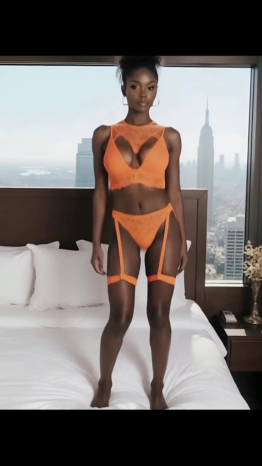Athletic Asian toned abs in orange lace lingerie