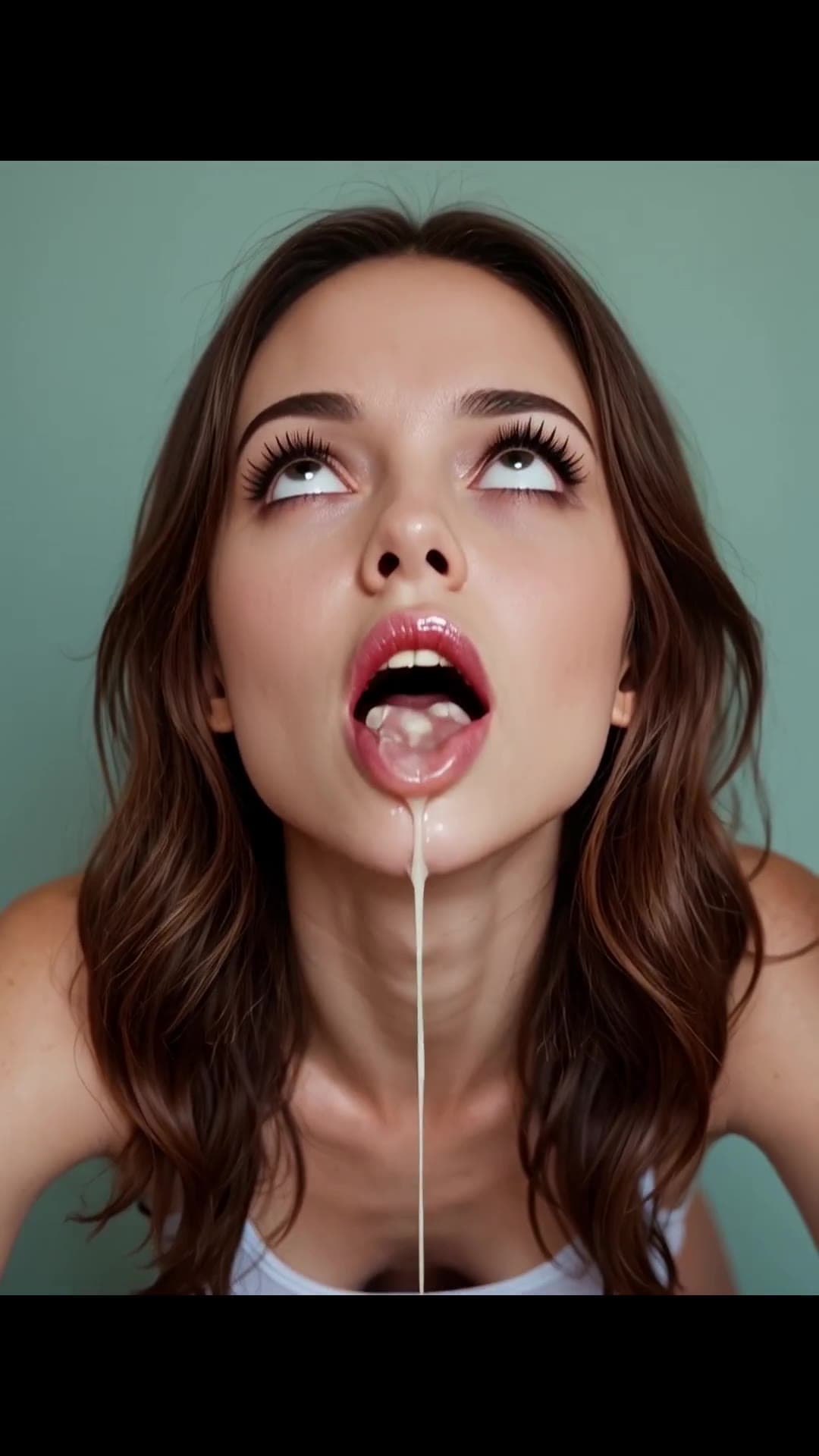 Slim brunette cleavage cum on tongue close-up