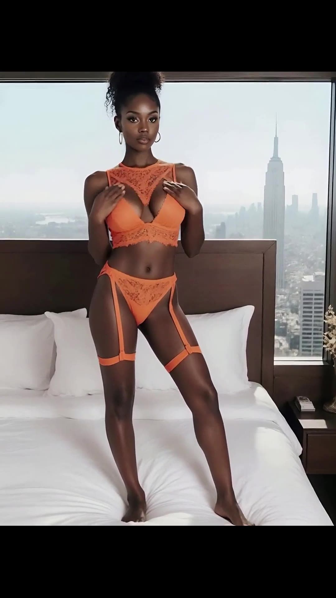 Brunette in orange lace lingerie high rise bedroom