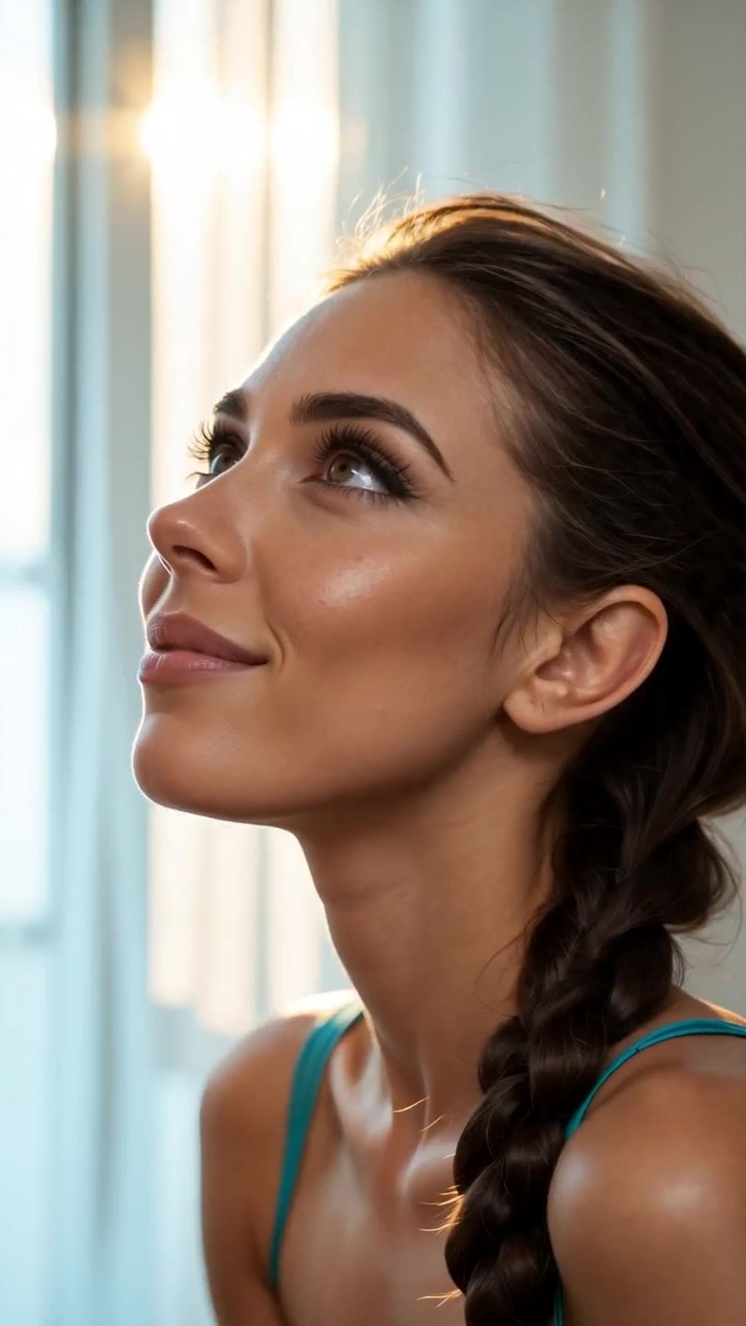 Profile angle close-up of slim brunette in teal top