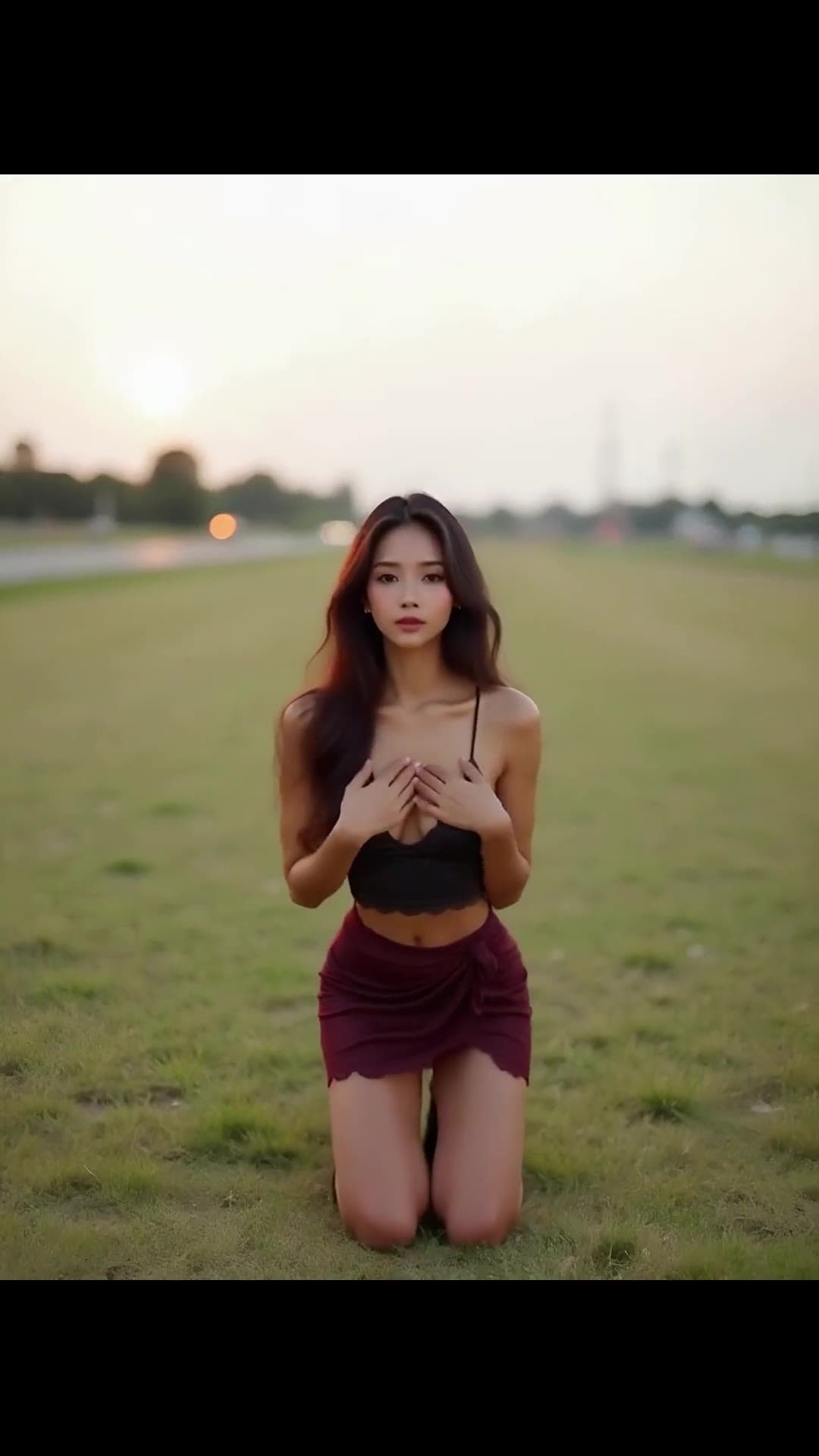 Brunette on knees pushing small tits together outdoors