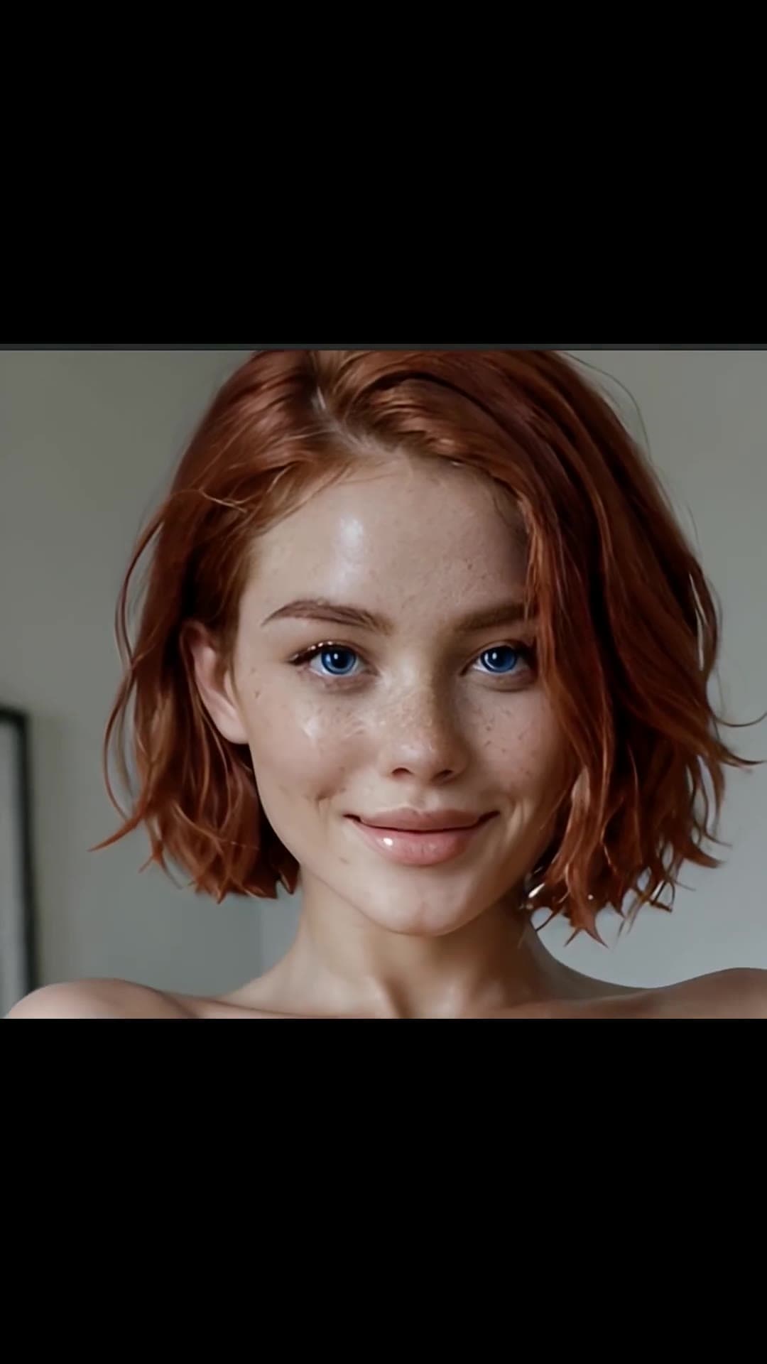 Topless redhead freckles close-up indoors