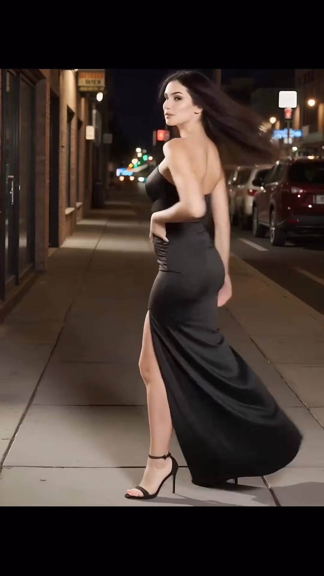 Young adult brunette in black dress on Lisbon street