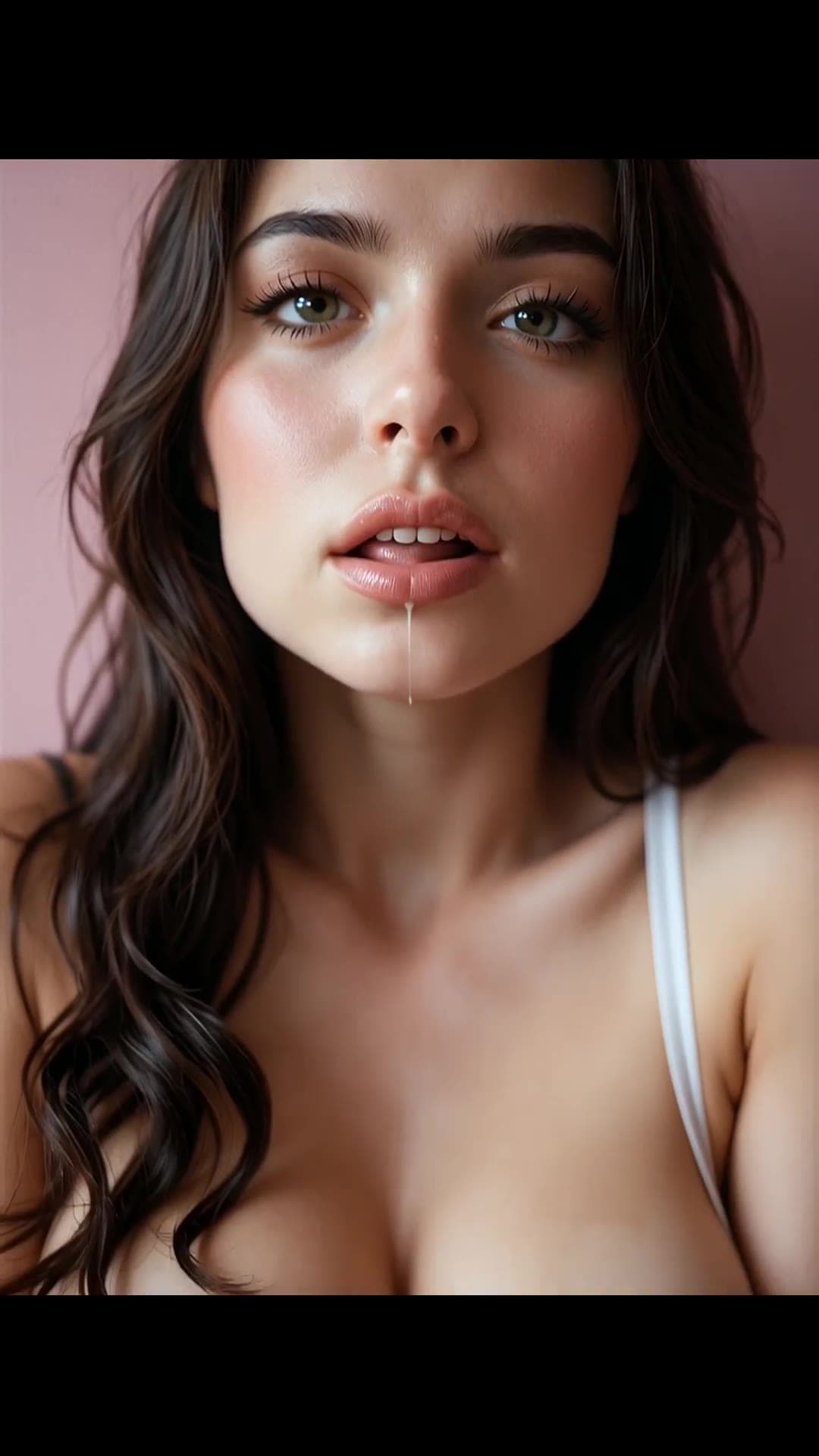 POV facial close-up brown hair cum on lips