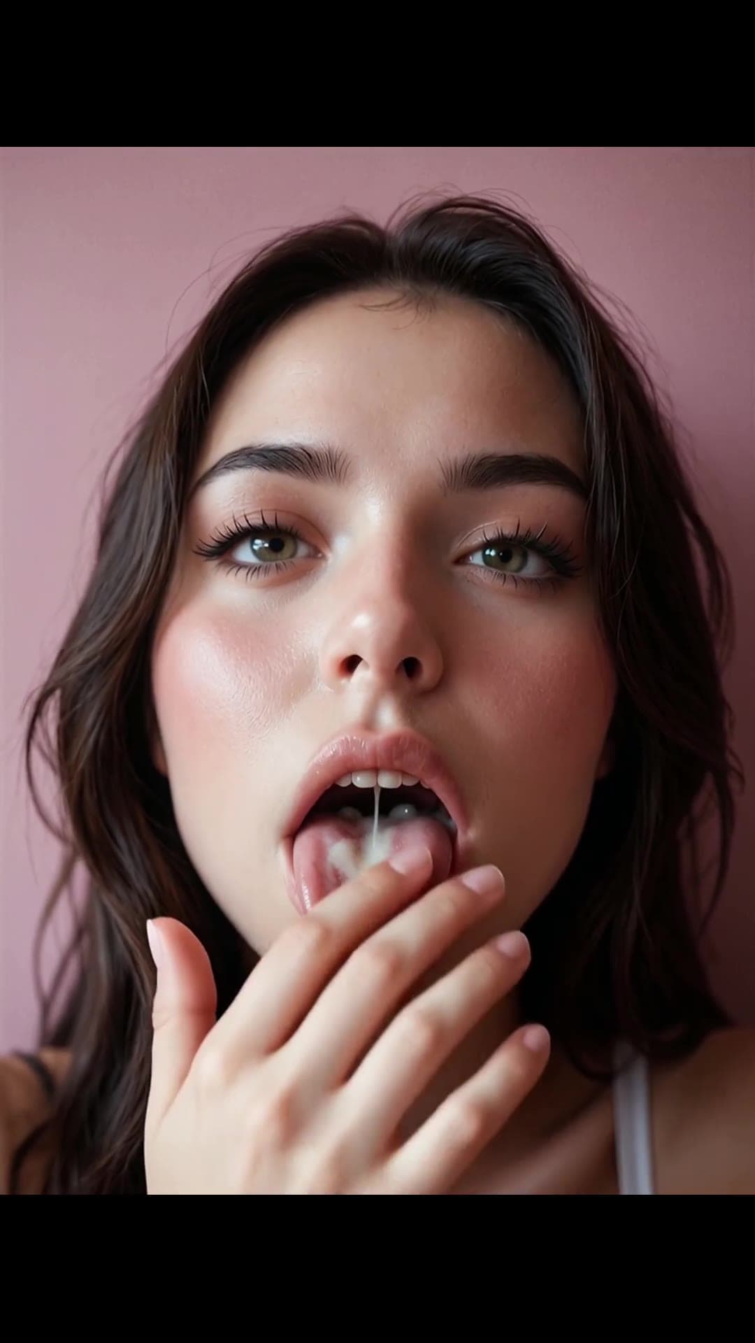 Brunette shows cum on tongue after blowjob
