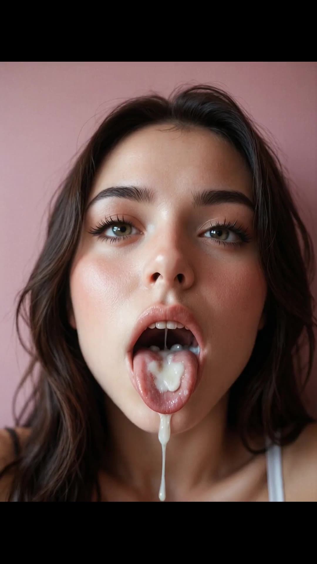 POV close-up slim brunette facial cum on tongue