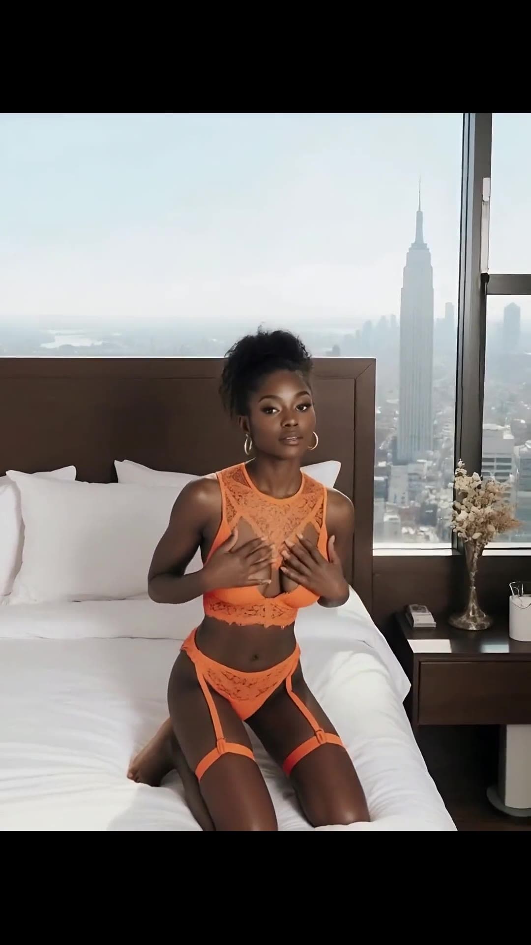Orange lace lingerie busty babe on bed