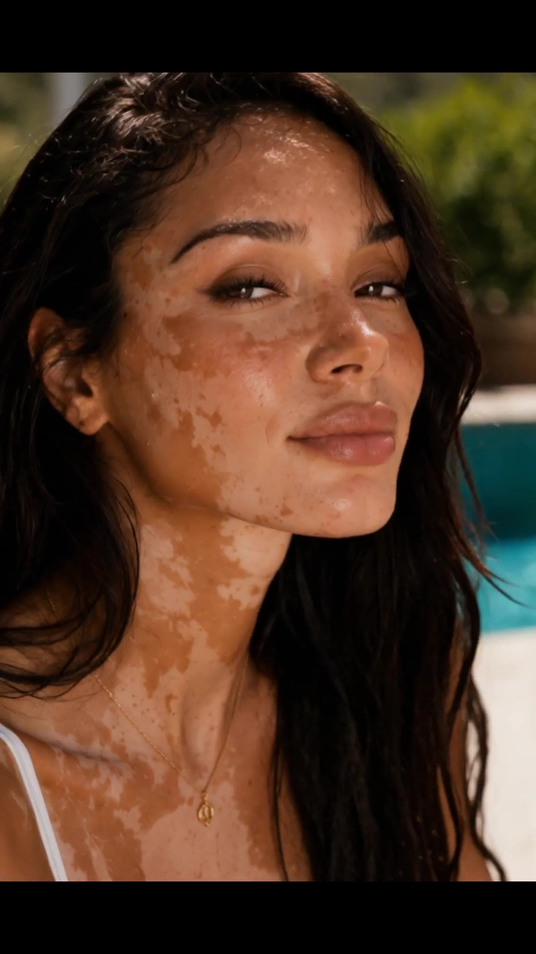 Wet black hair and brown eyes by the pool