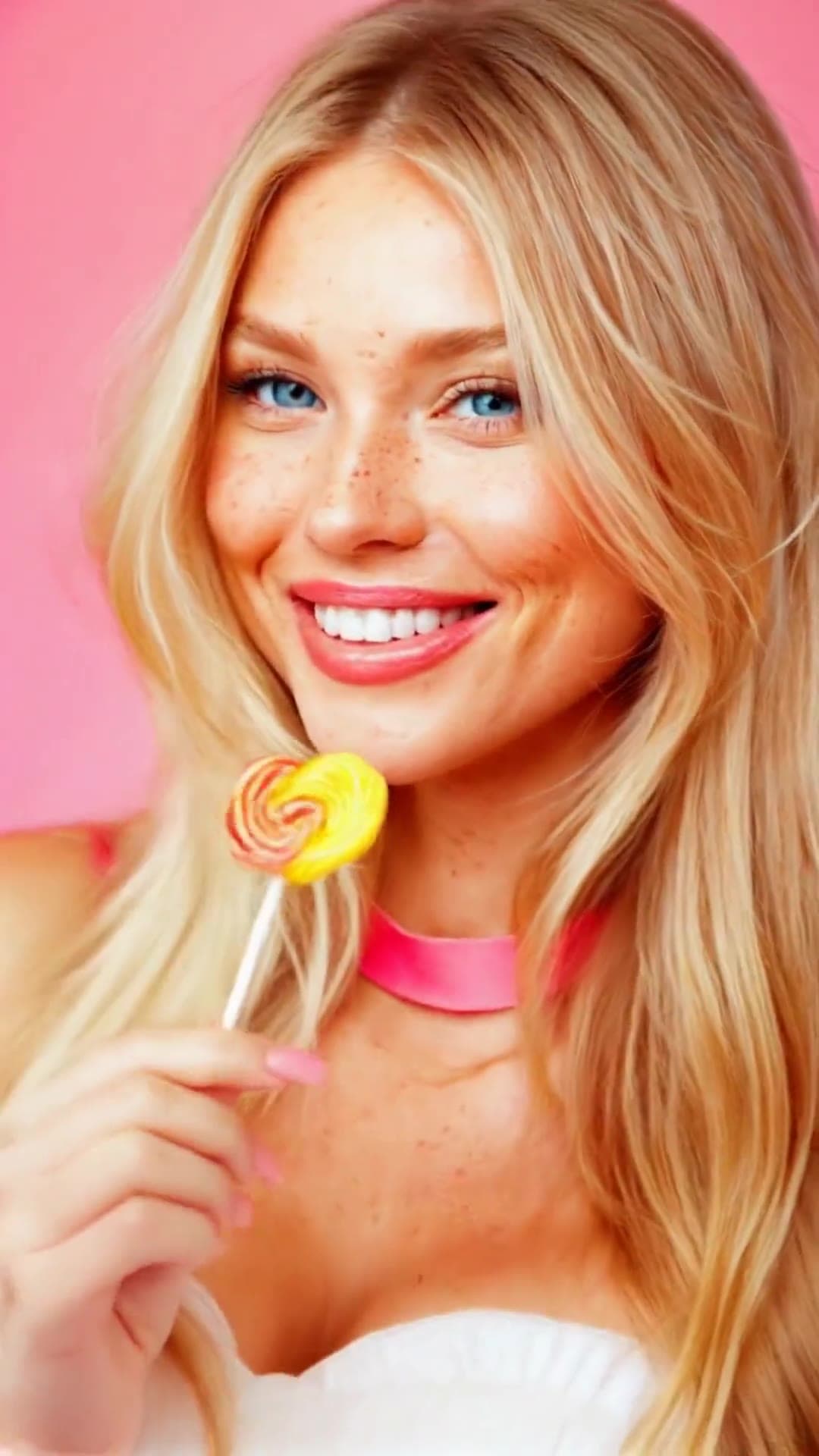 Blonde with lollipop sucking on pink backdrop