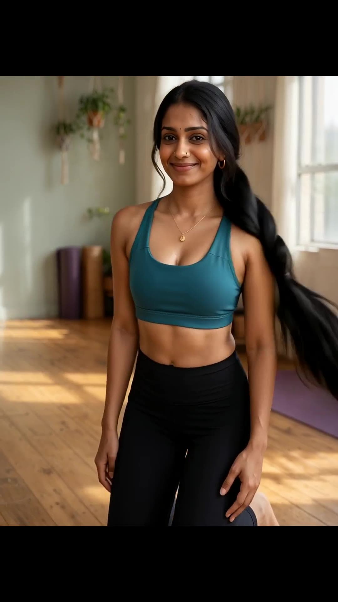 Curvy brunette in yoga studio pose