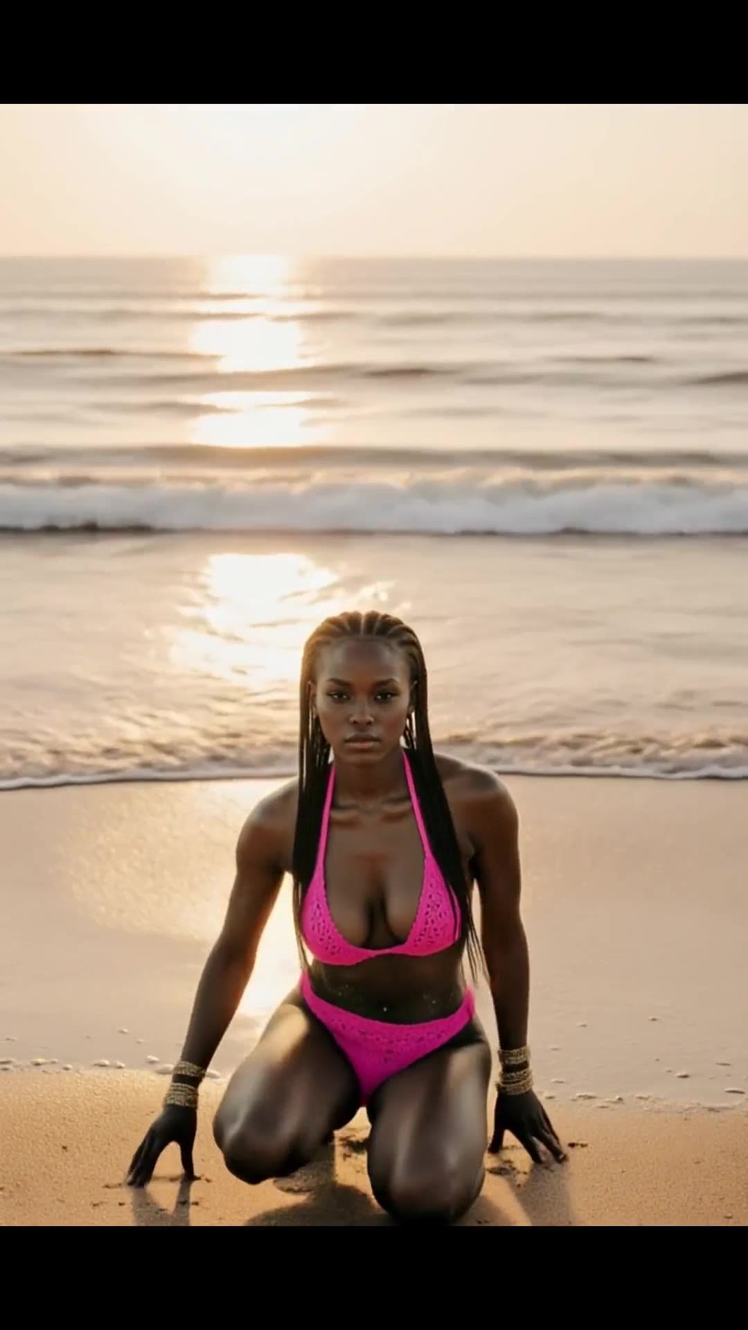 Busty blonde in pink bikini on beach