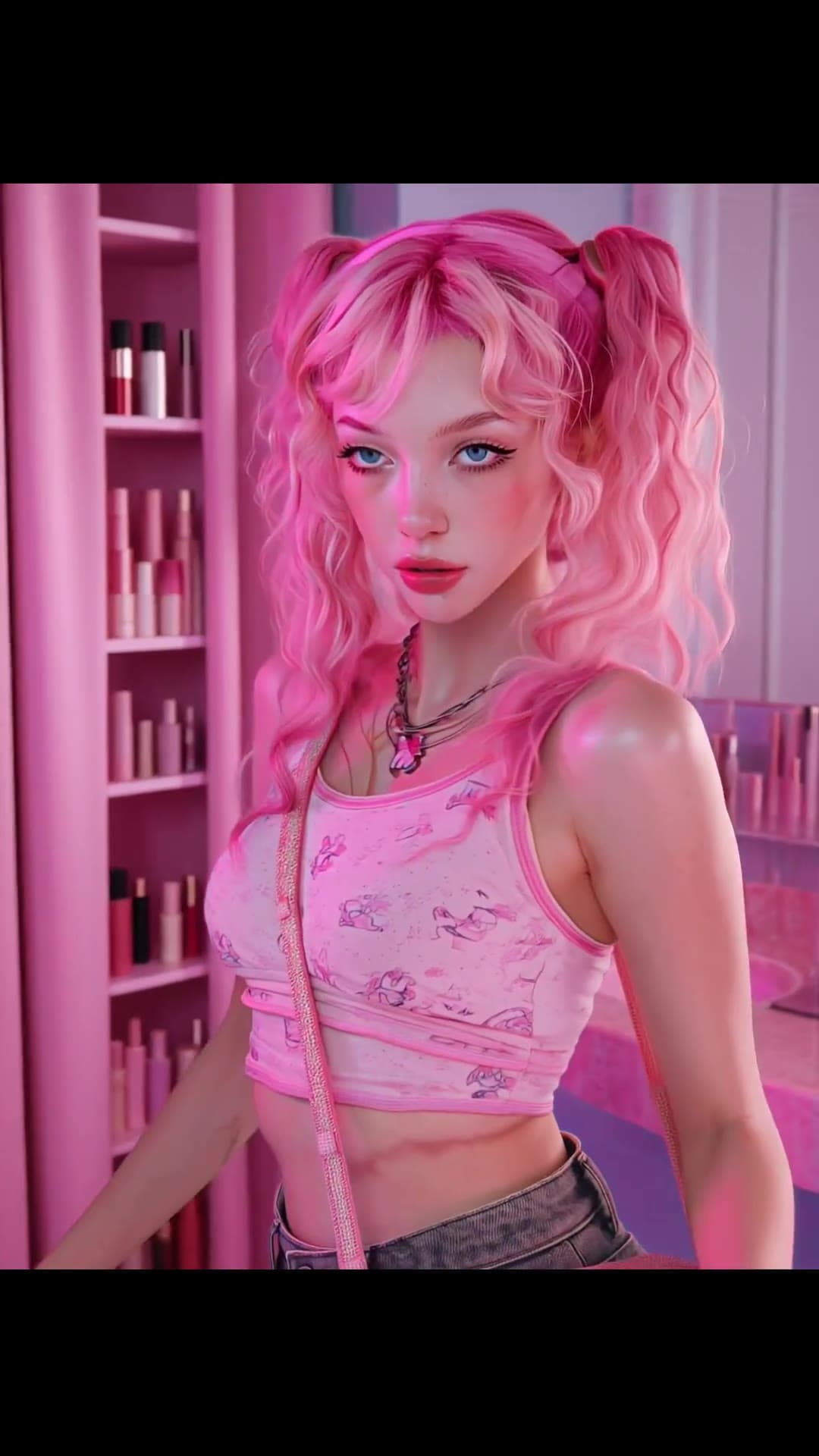 Pink pigtails in vanity close-up