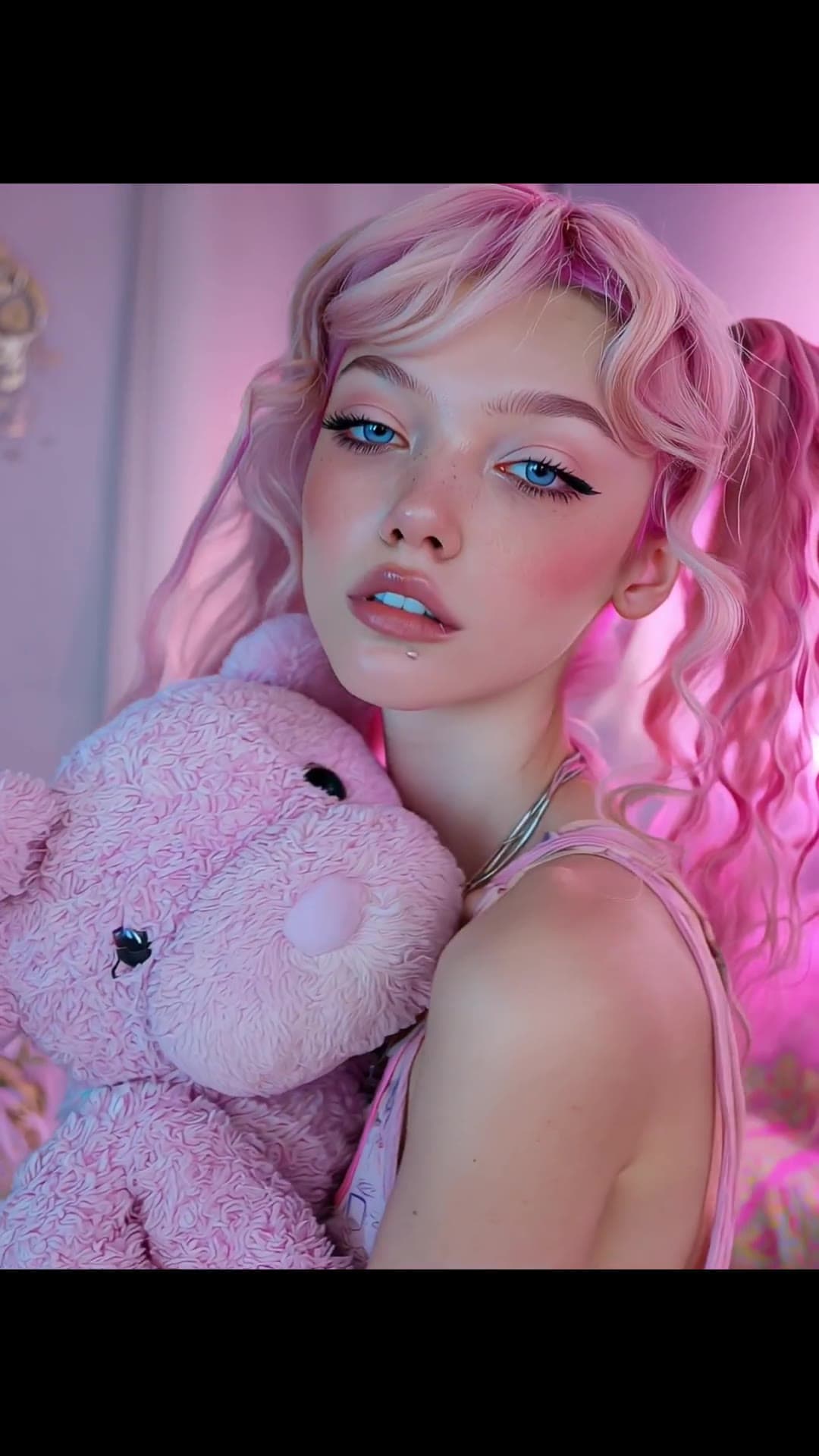 Pink pigtails close-up selfie