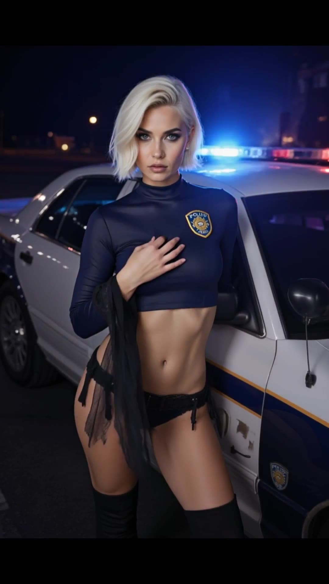 Young adult in police costume at night
