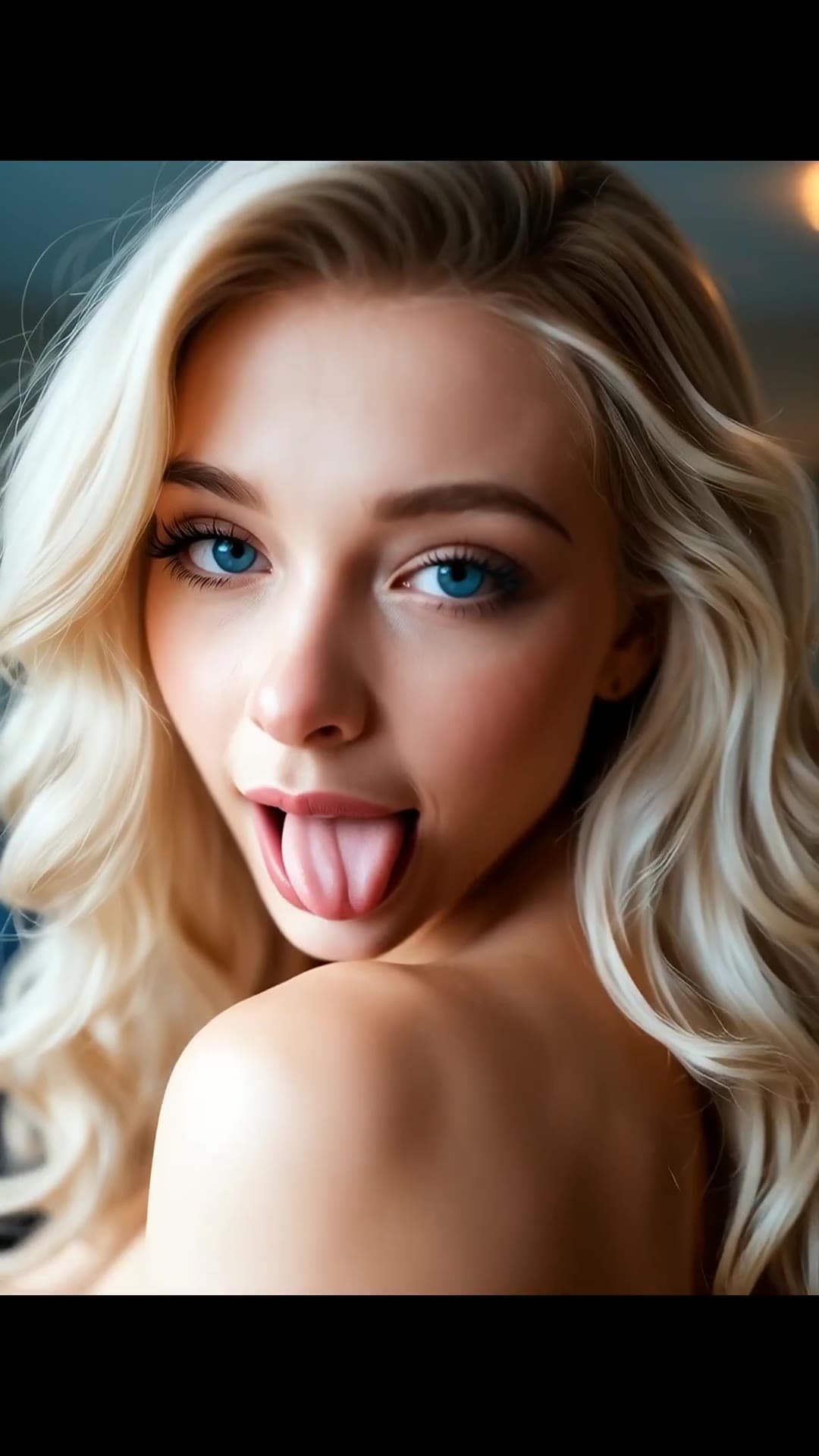 Platinum blonde ahegao topless close-up