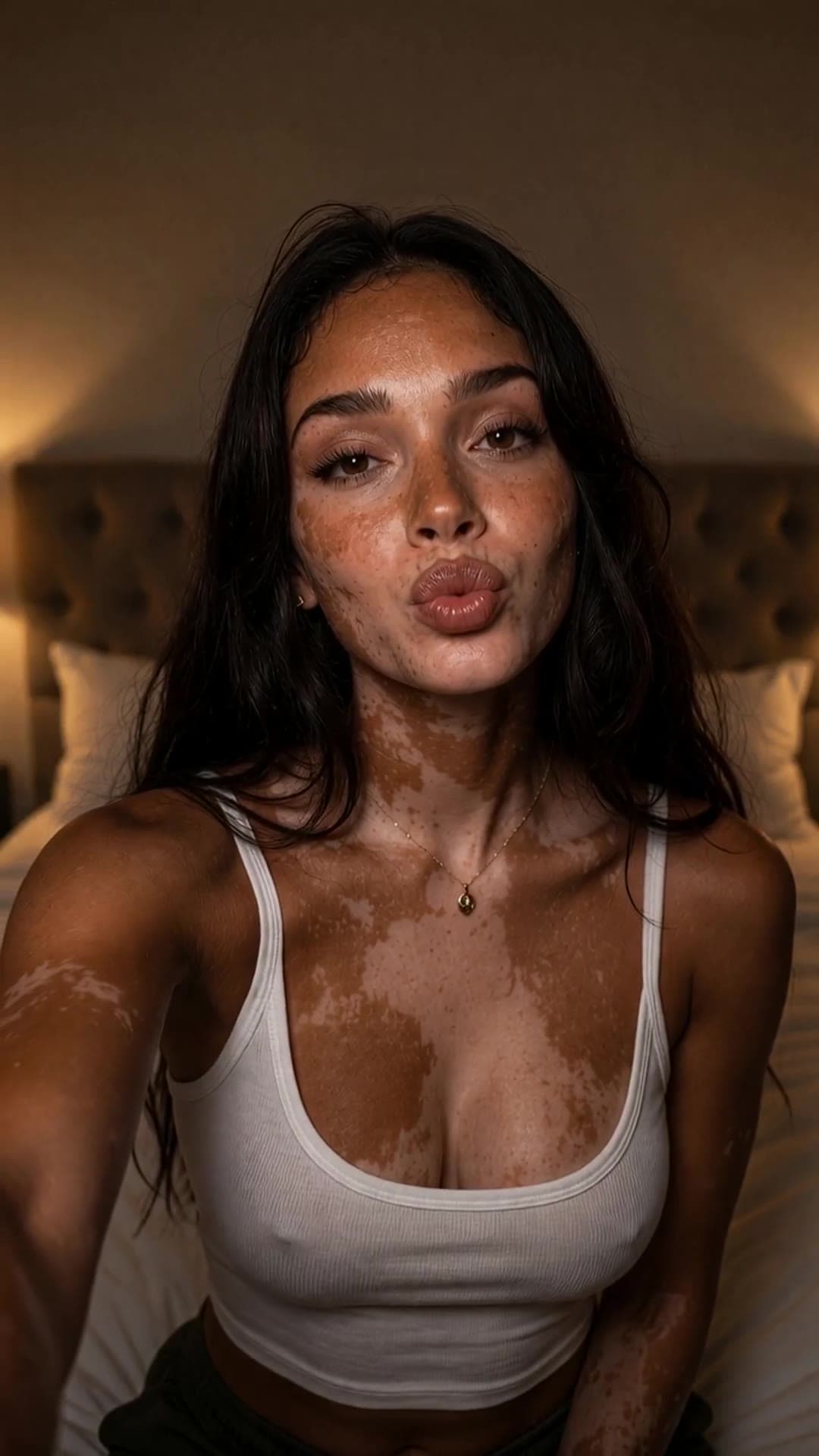 Cleavage selfie in white tank top