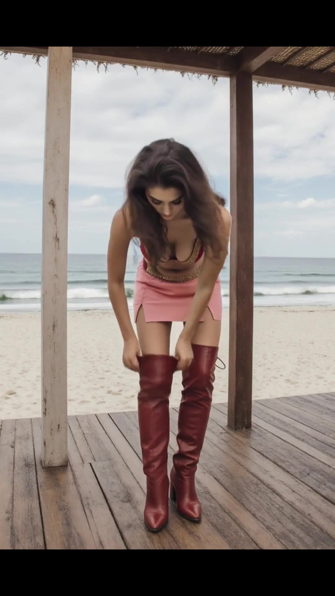 Slim brunette bends in red boots