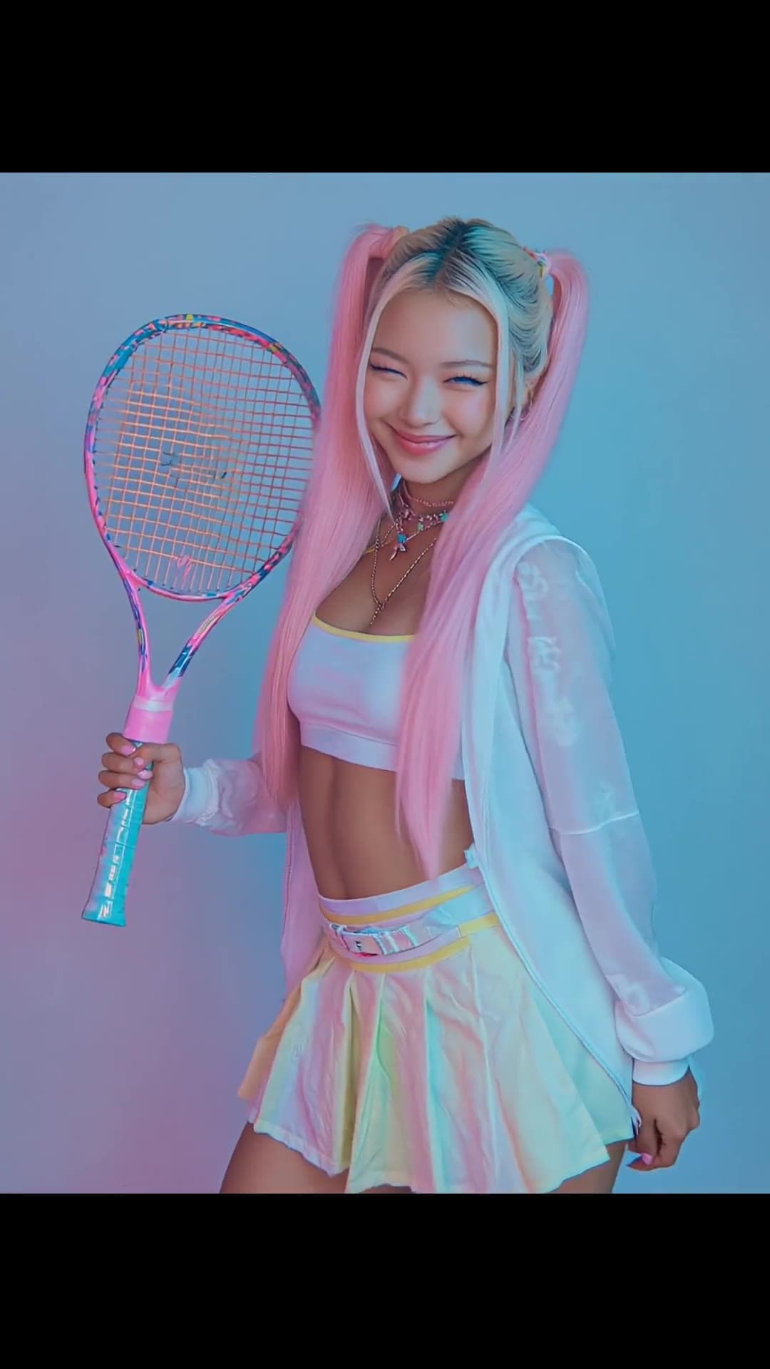 Pink pigtails tennis racket studio tease