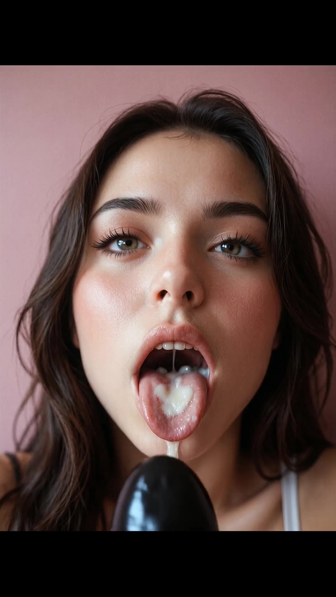Raven hair cum on tongue close-up