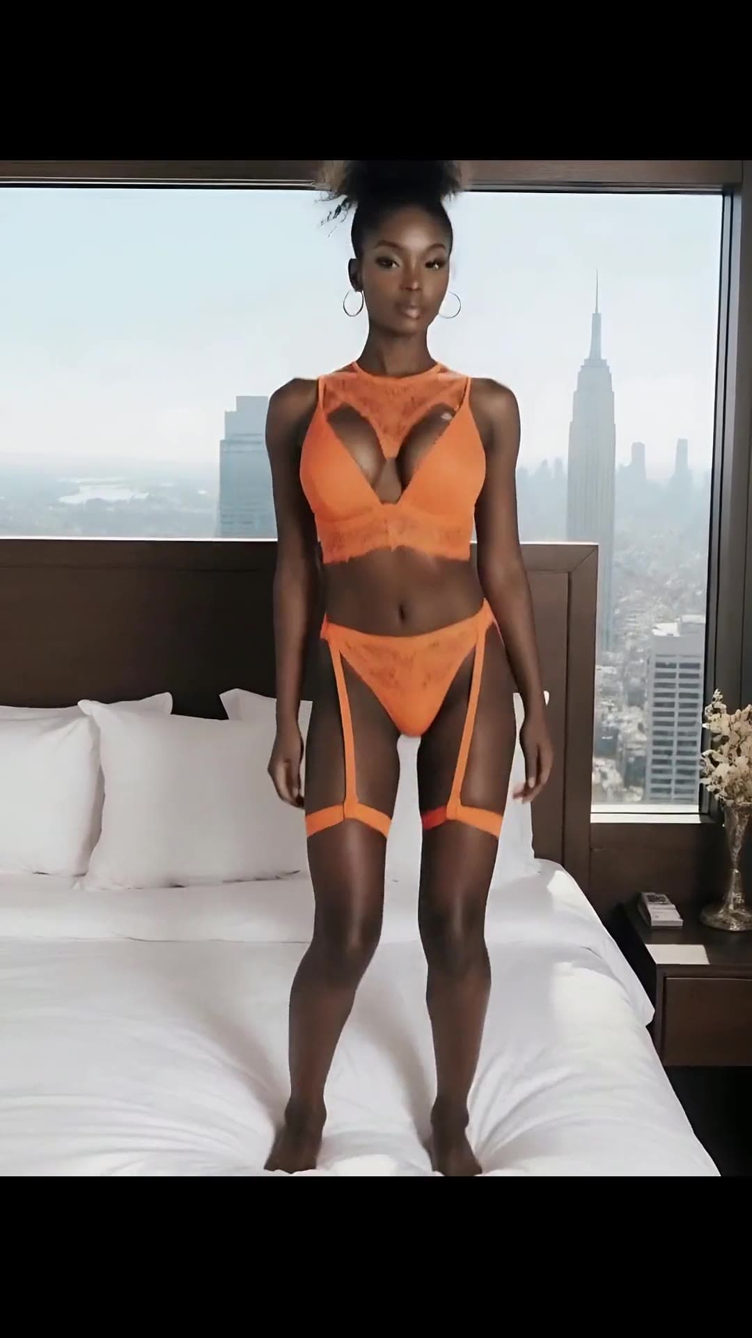 Tall athletic in orange lace lingerie
