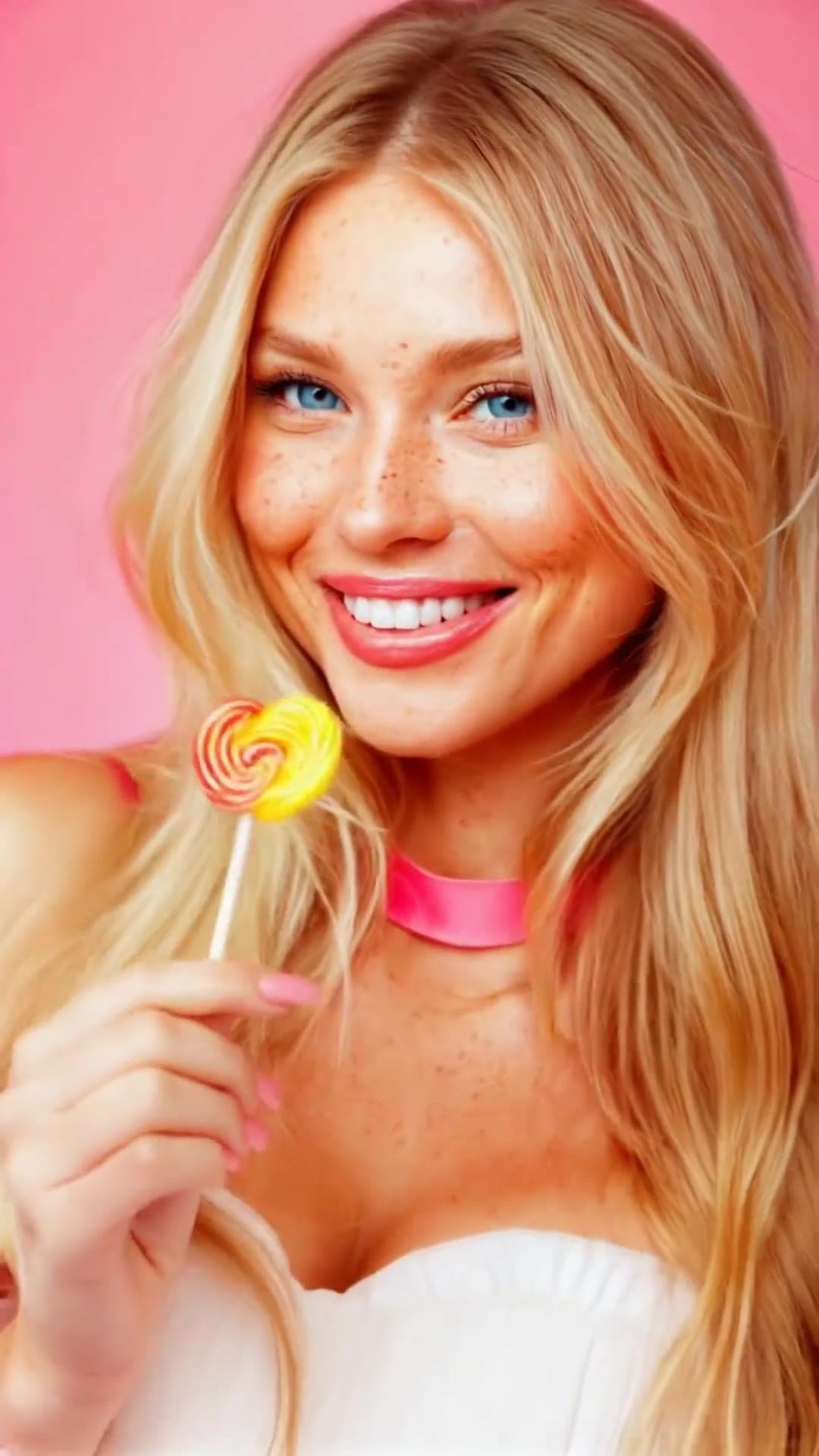 Blonde lollipop selfie in pink choker