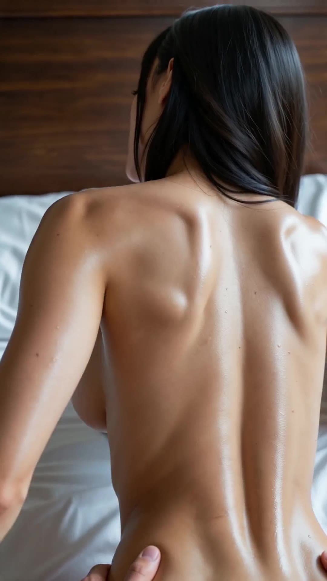 Raven hair topless back view in bed