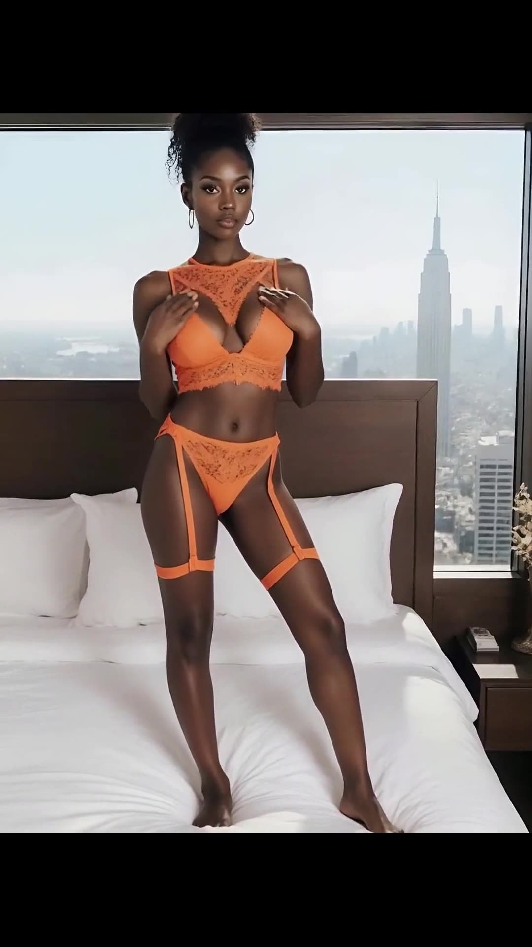 Orange lingerie on NYC skyline bed