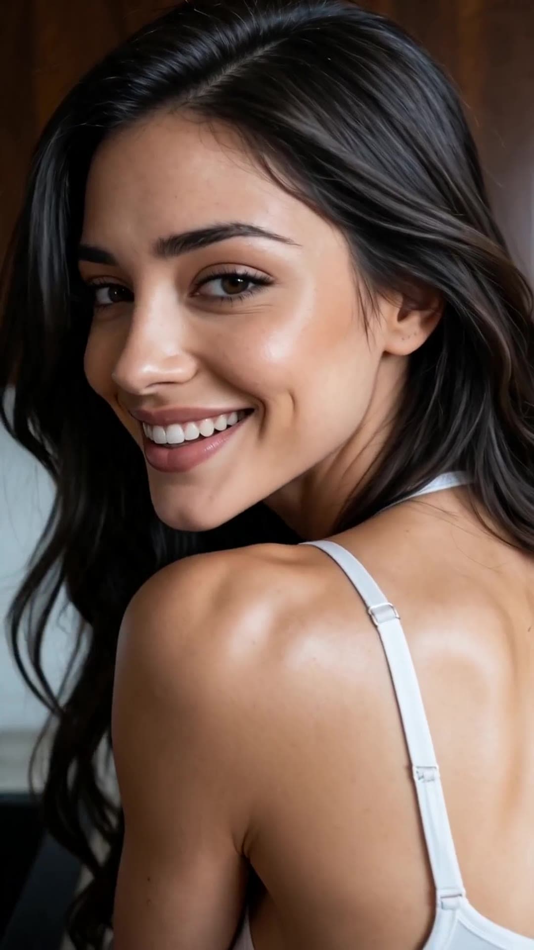 Athletic back selfie in white top