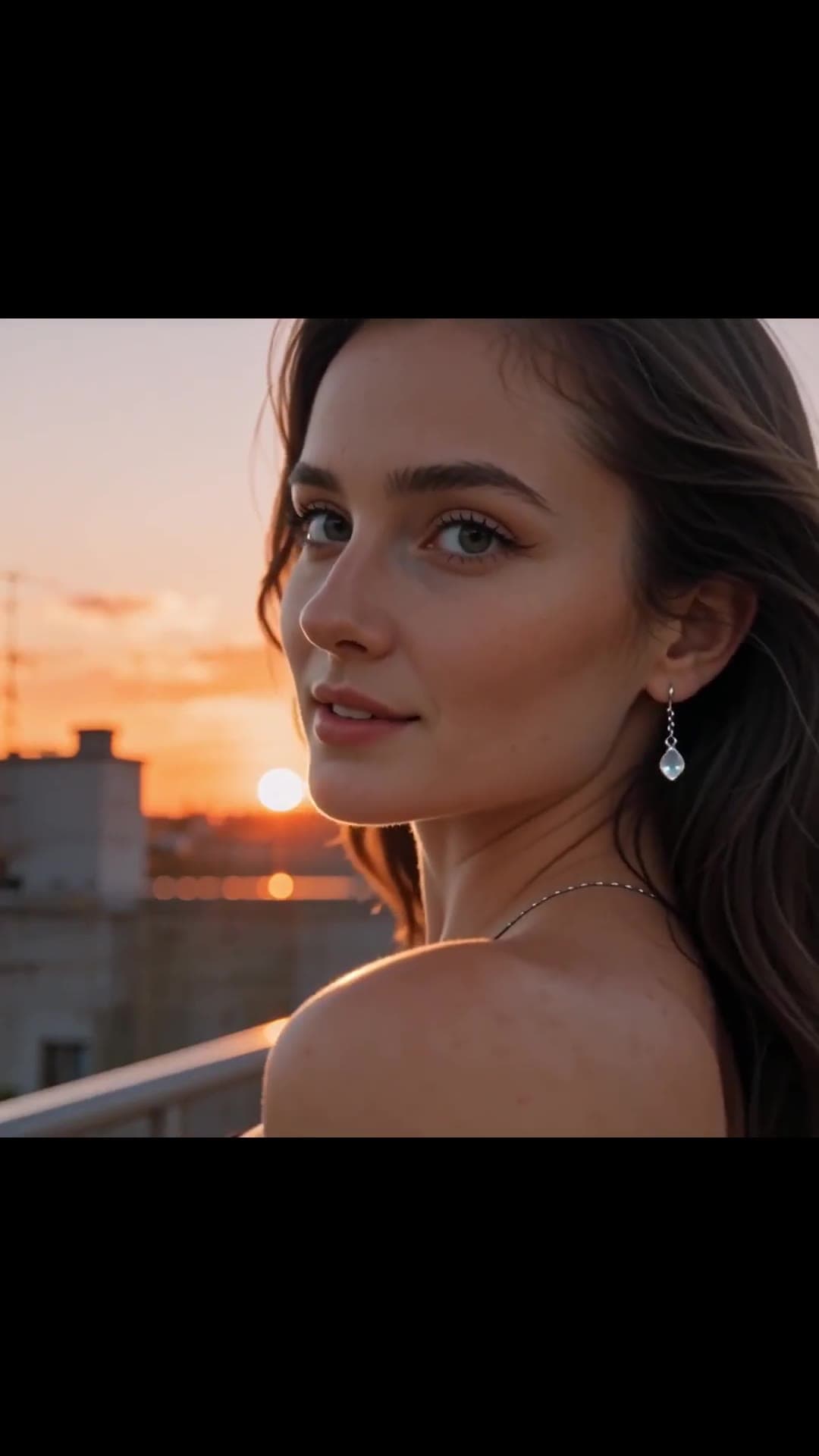 Brunette over shoulder balcony sunset
