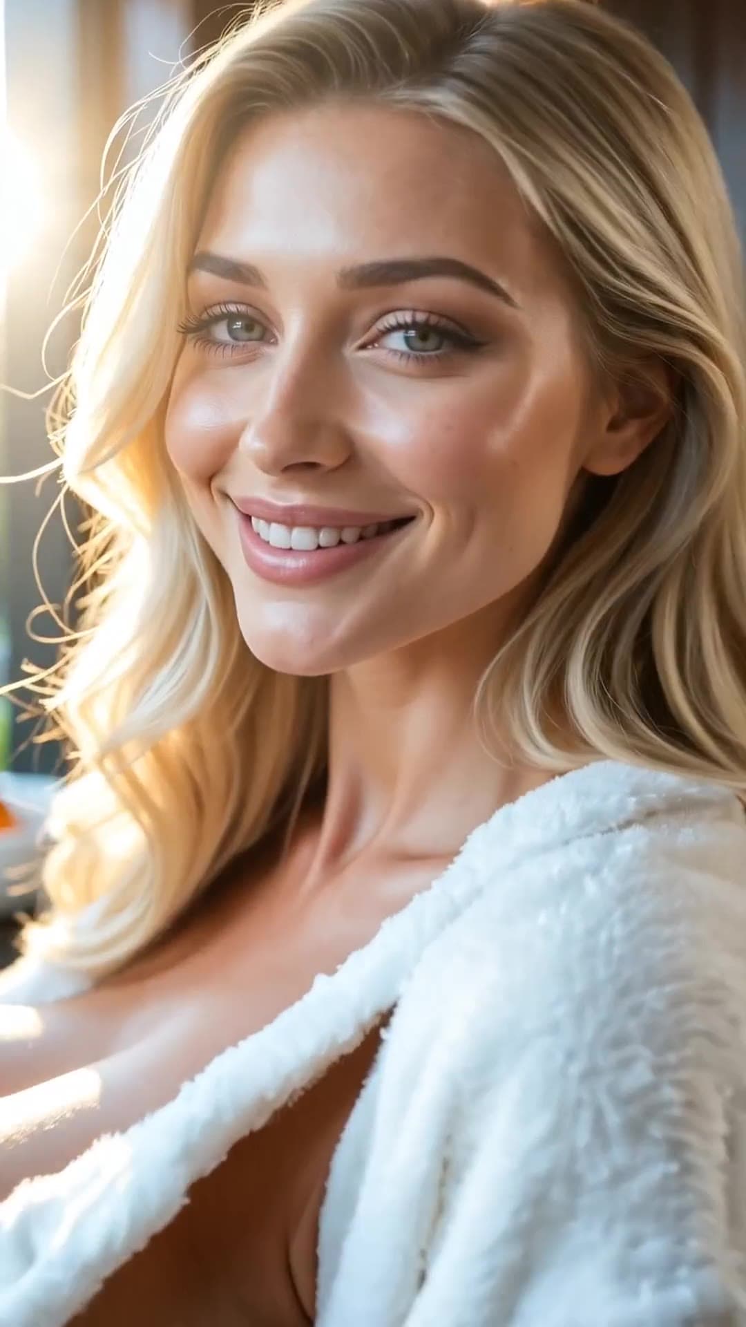 Blonde in open robe selfie