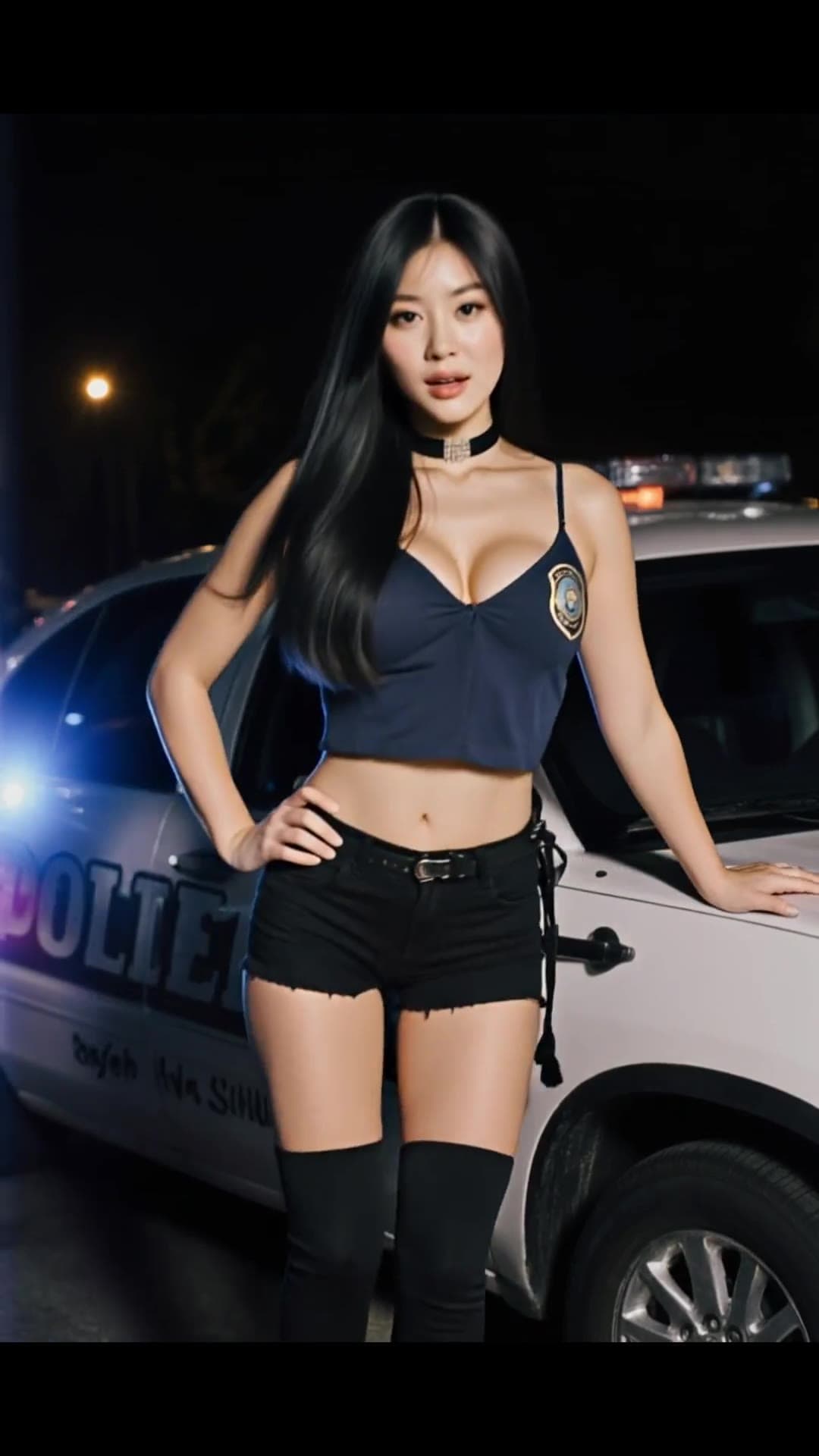 Raven hair police crop top at night