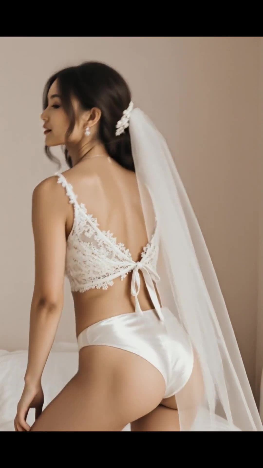 Young adult in white veil lingerie
