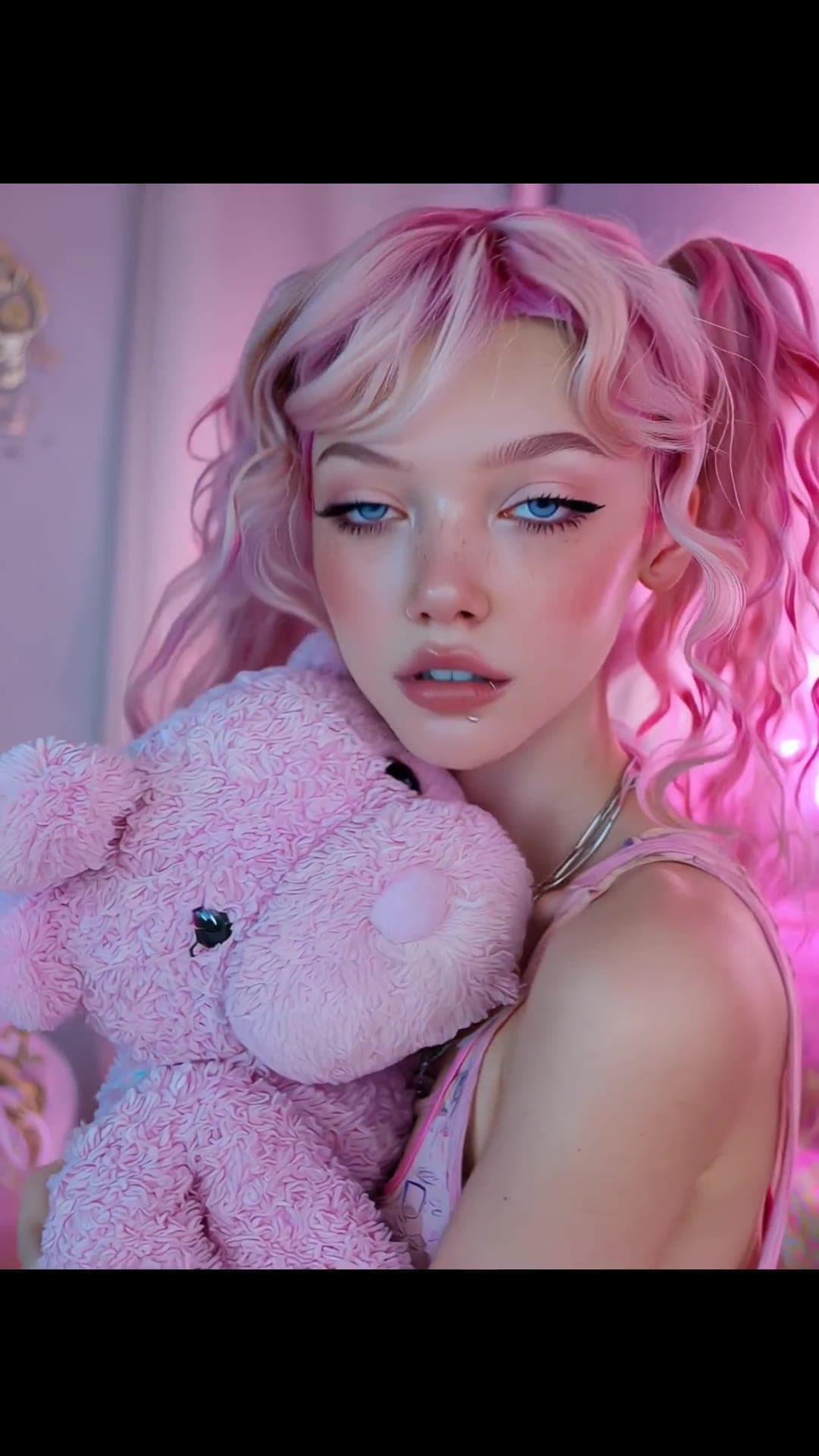 Pink pigtails blue eyes selfie