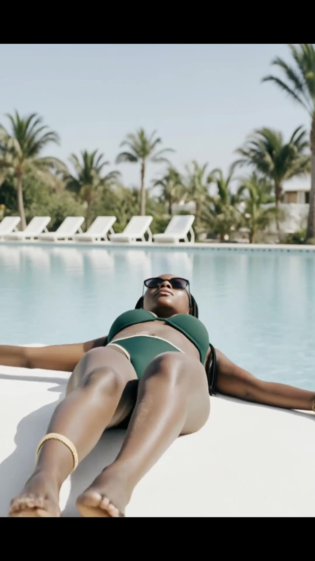 Raven braids poolside in green bikini