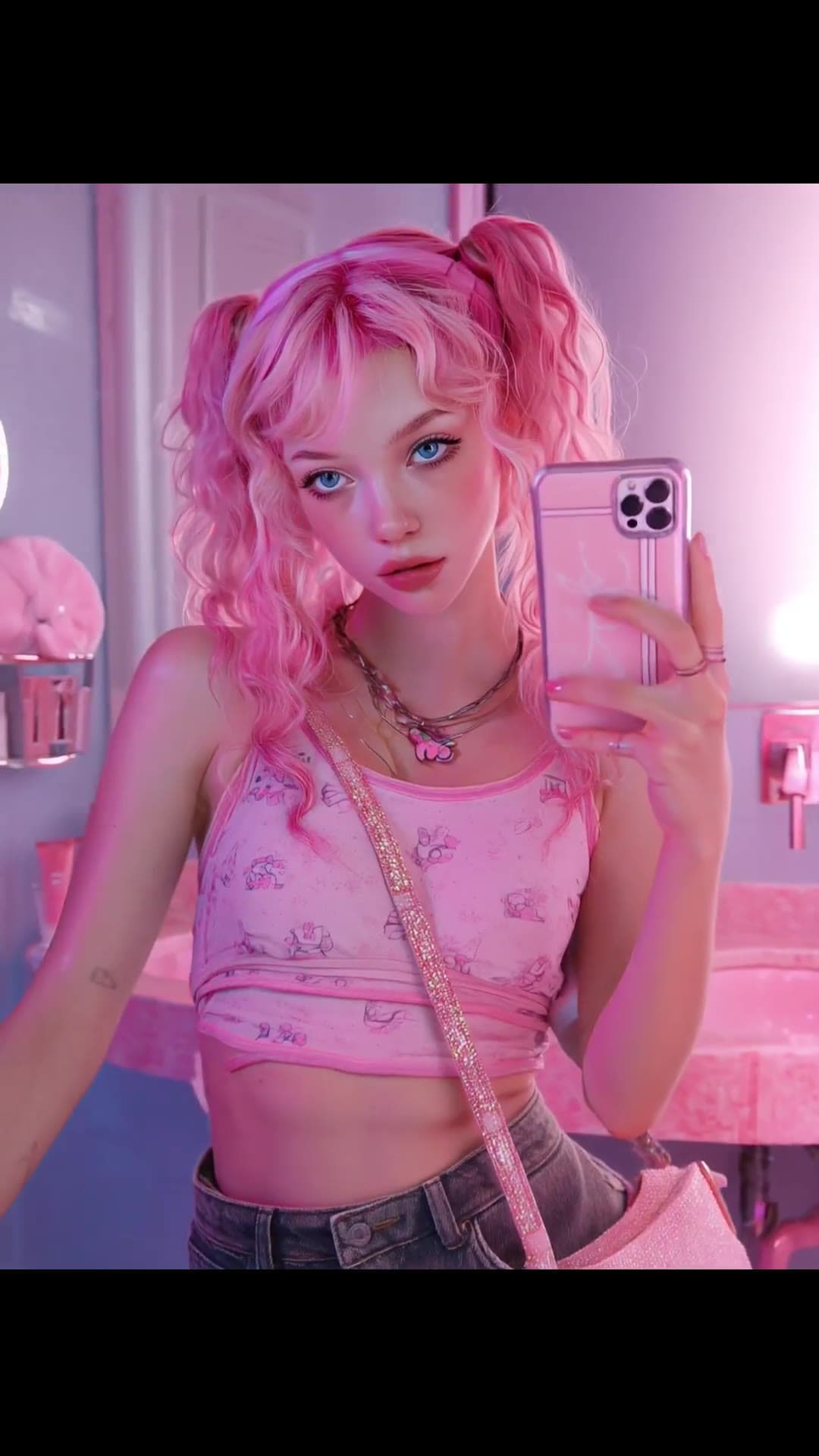 Pink bathroom selfie in sheer crop top