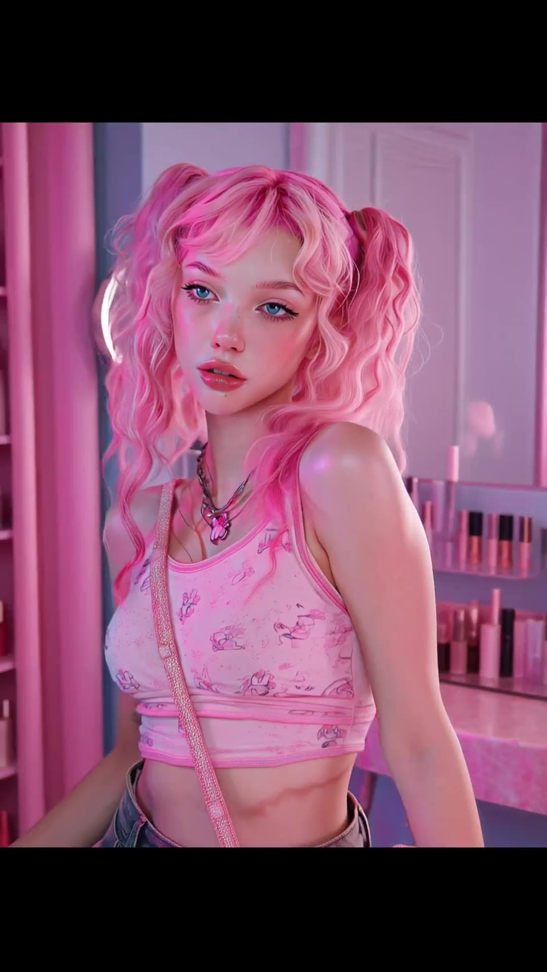 Pink curly pigtails in vanity room