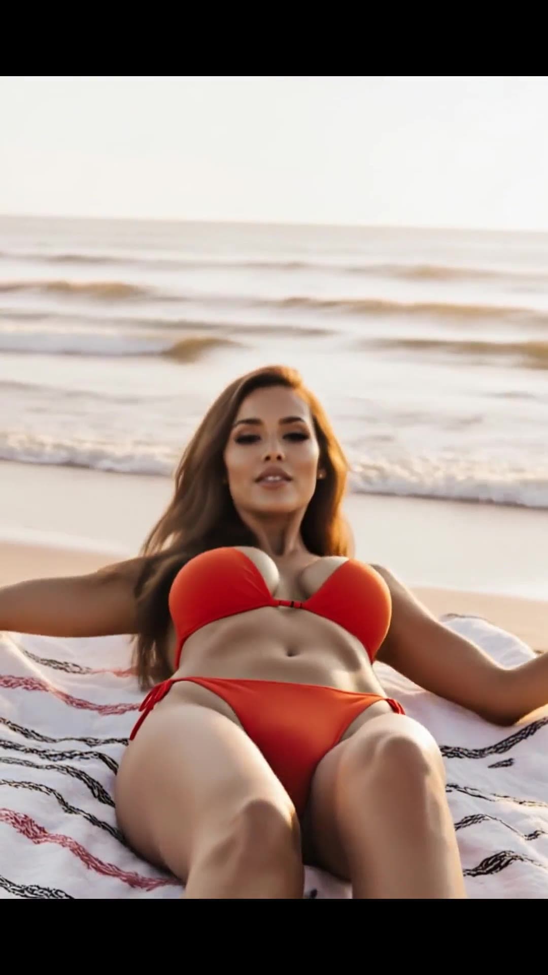Brunette in red bikini on beach