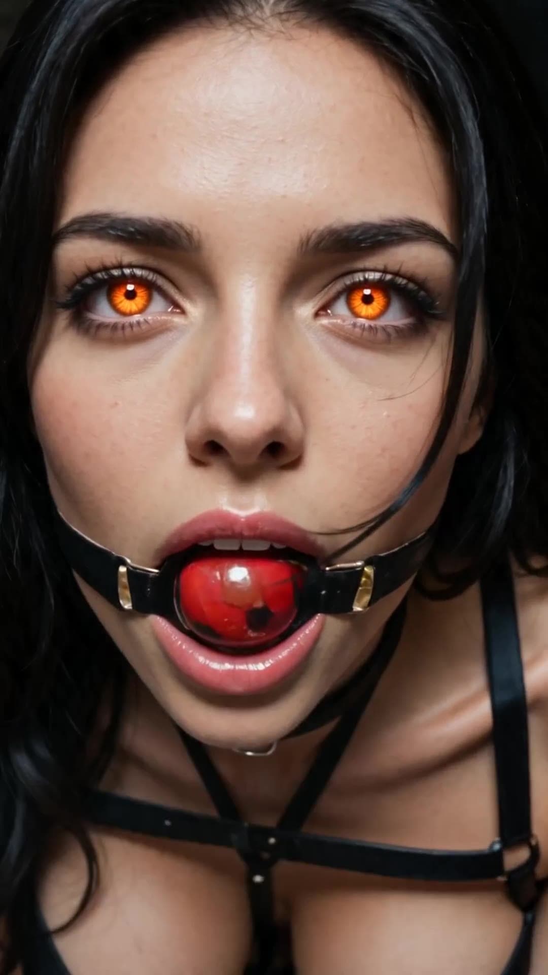 Black harness gag close-up drool